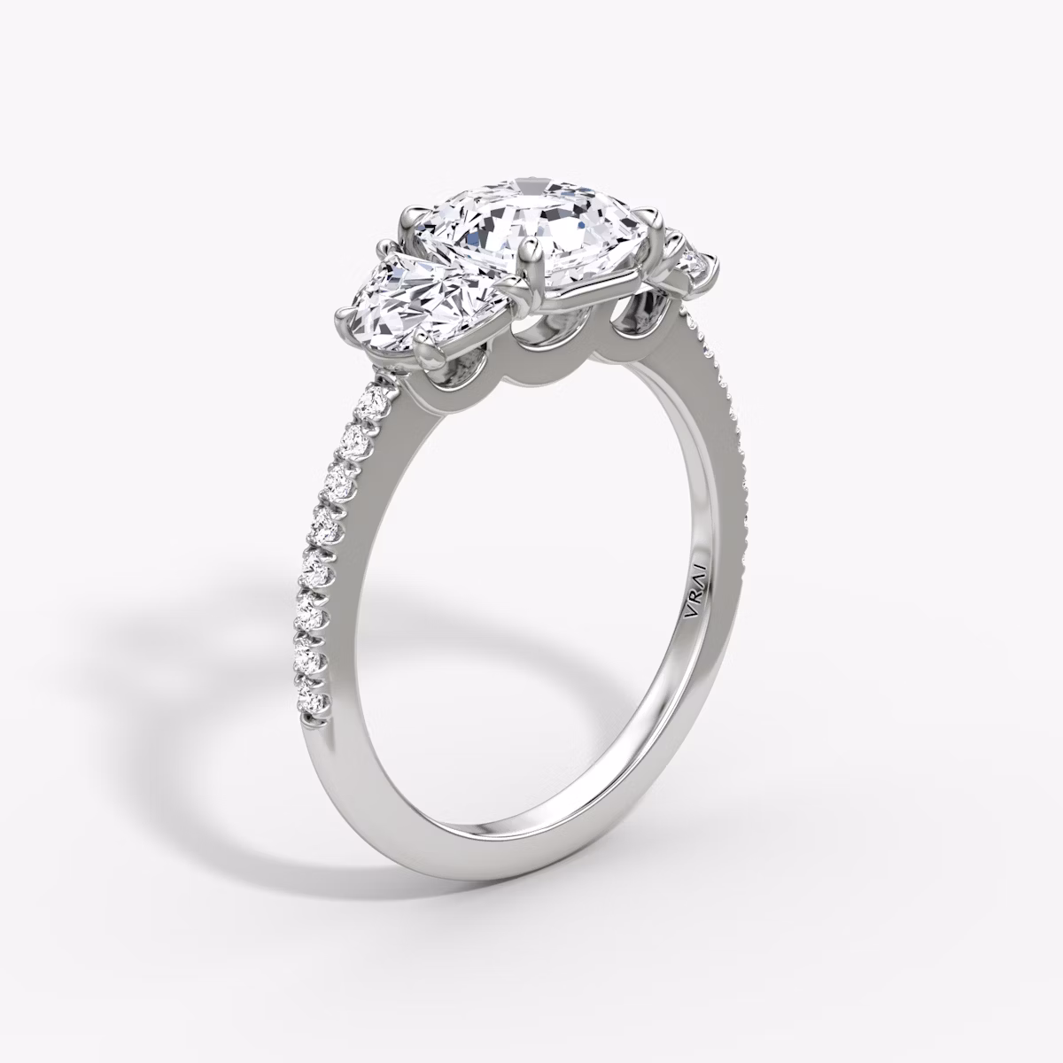 The Three Stone | Asscher | Platinum | bandAccent: Pavé | sideStoneCarat: 0.50ct | sideStoneShape: Half Moon | diamondOrientation: vertical | caratWeight: other