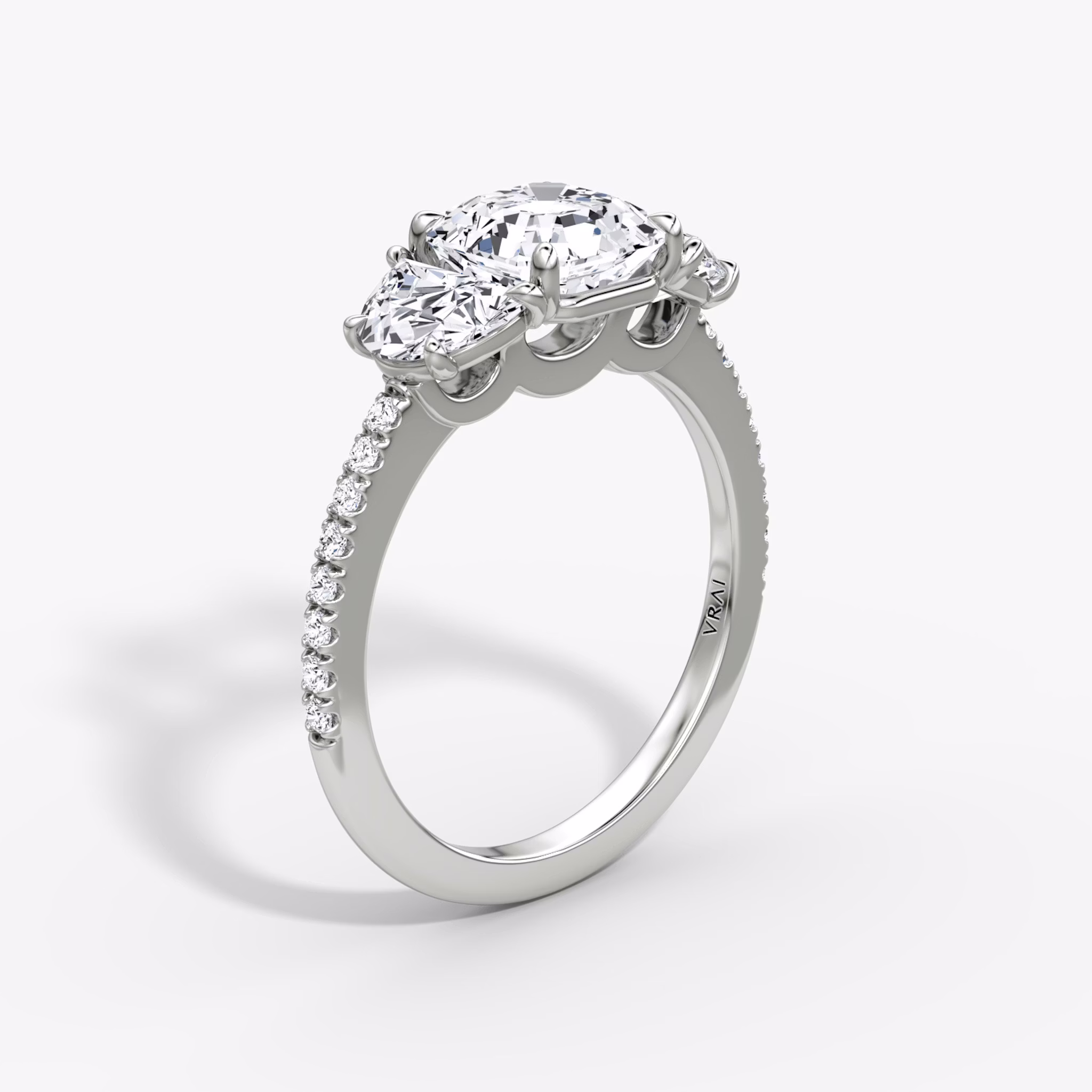 The Three Stone | Asscher | 18k | White Gold | bandAccent: Pavé | sideStoneCarat: 0.50ct | sideStoneShape: Half Moon | diamondOrientation: vertical | caratWeight: other