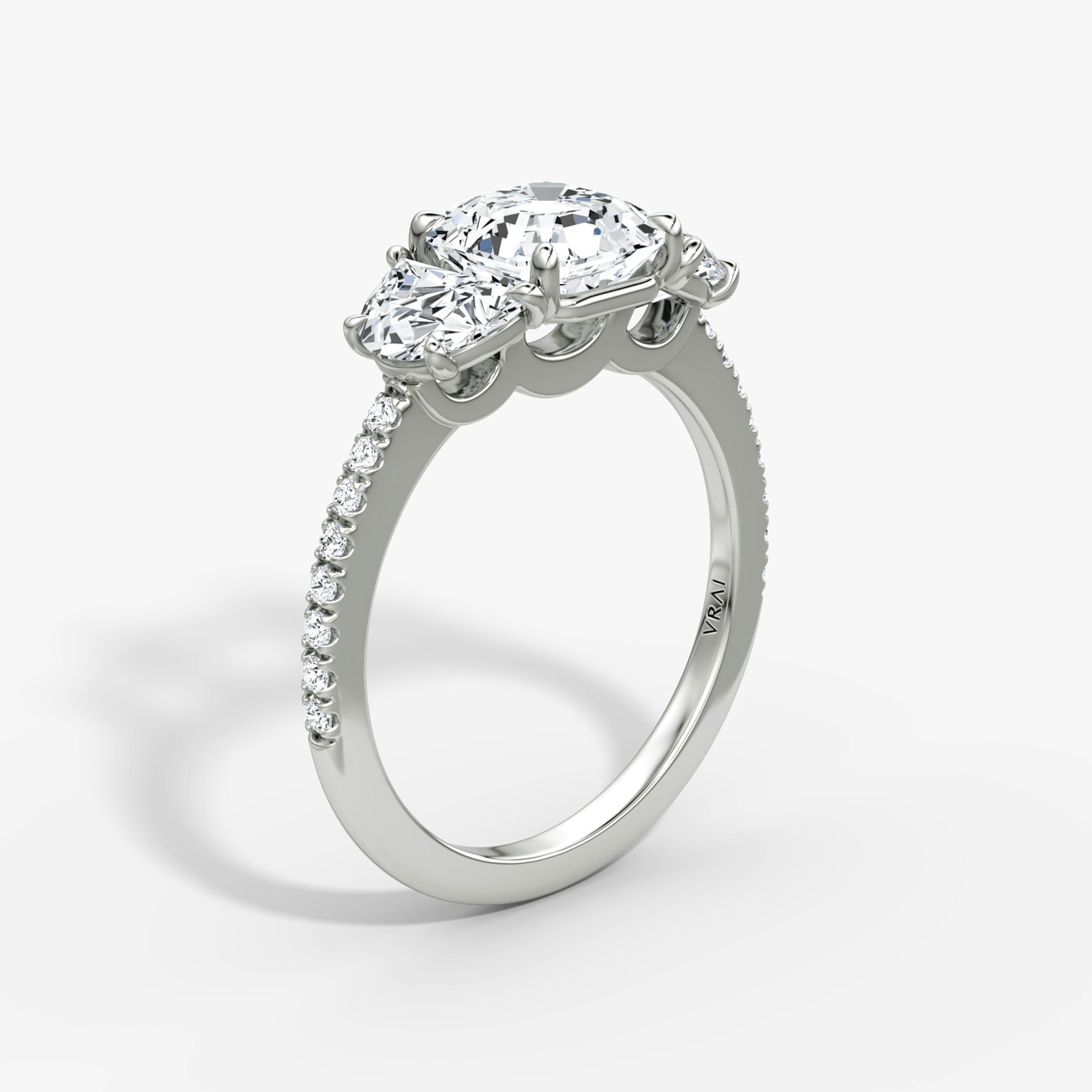 The Three Stone | Asscher | 18k | White Gold | bandAccent: Pavé | sideStoneCarat: 0.50ct | sideStoneShape: Half Moon | diamondOrientation: vertical | caratWeight: other