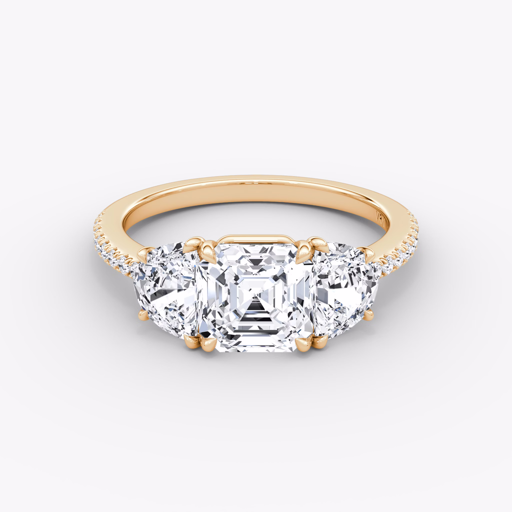 The Three Stone | Asscher | 14k | Rose Gold | bandAccent: Pavé | sideStoneCarat: 0.50ct | sideStoneShape: Half Moon | diamondOrientation: vertical | caratWeight: other