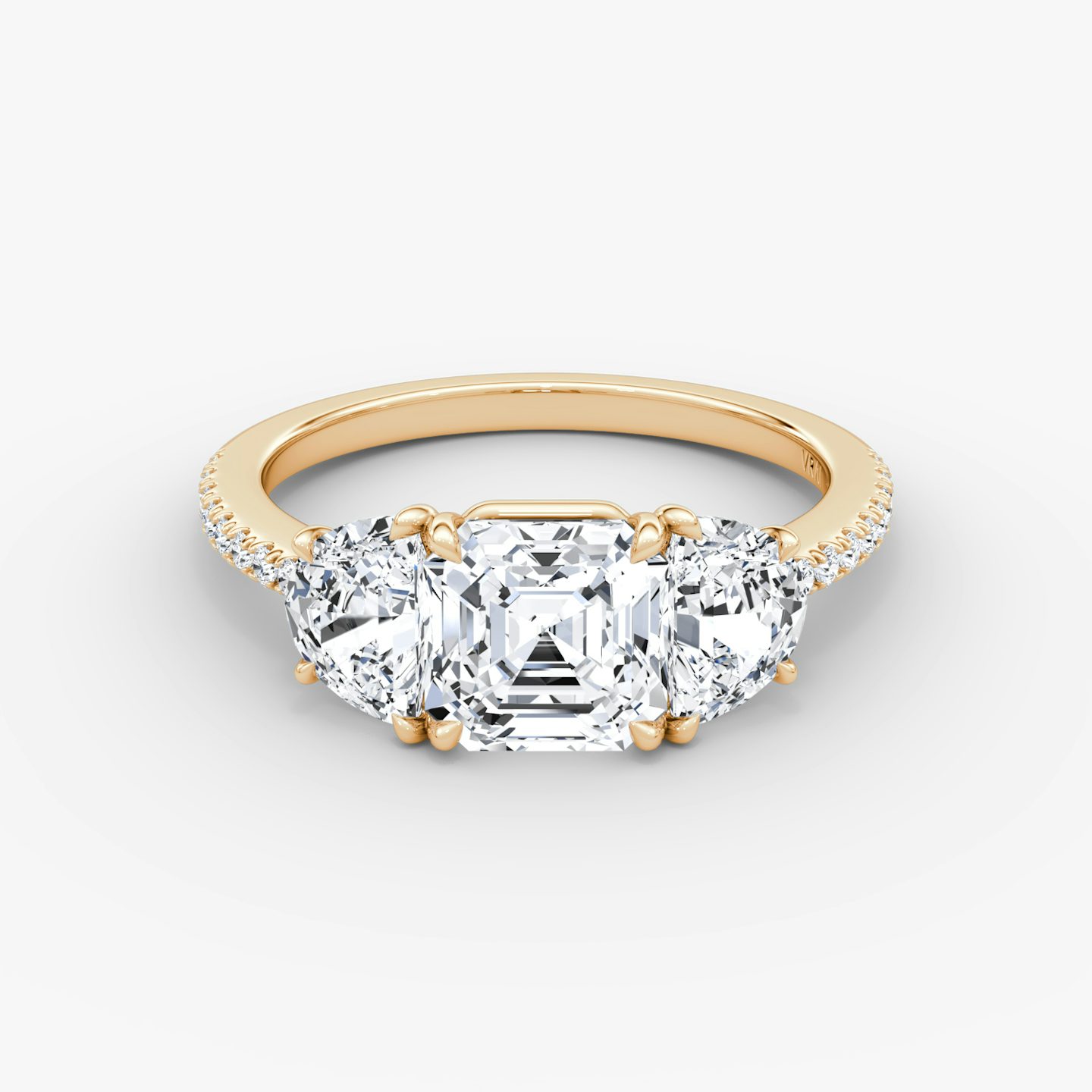 The Three Stone | Asscher | 14k | Rose Gold | bandAccent: Pavé | sideStoneCarat: 0.50ct | sideStoneShape: Half Moon | diamondOrientation: vertical | caratWeight: other