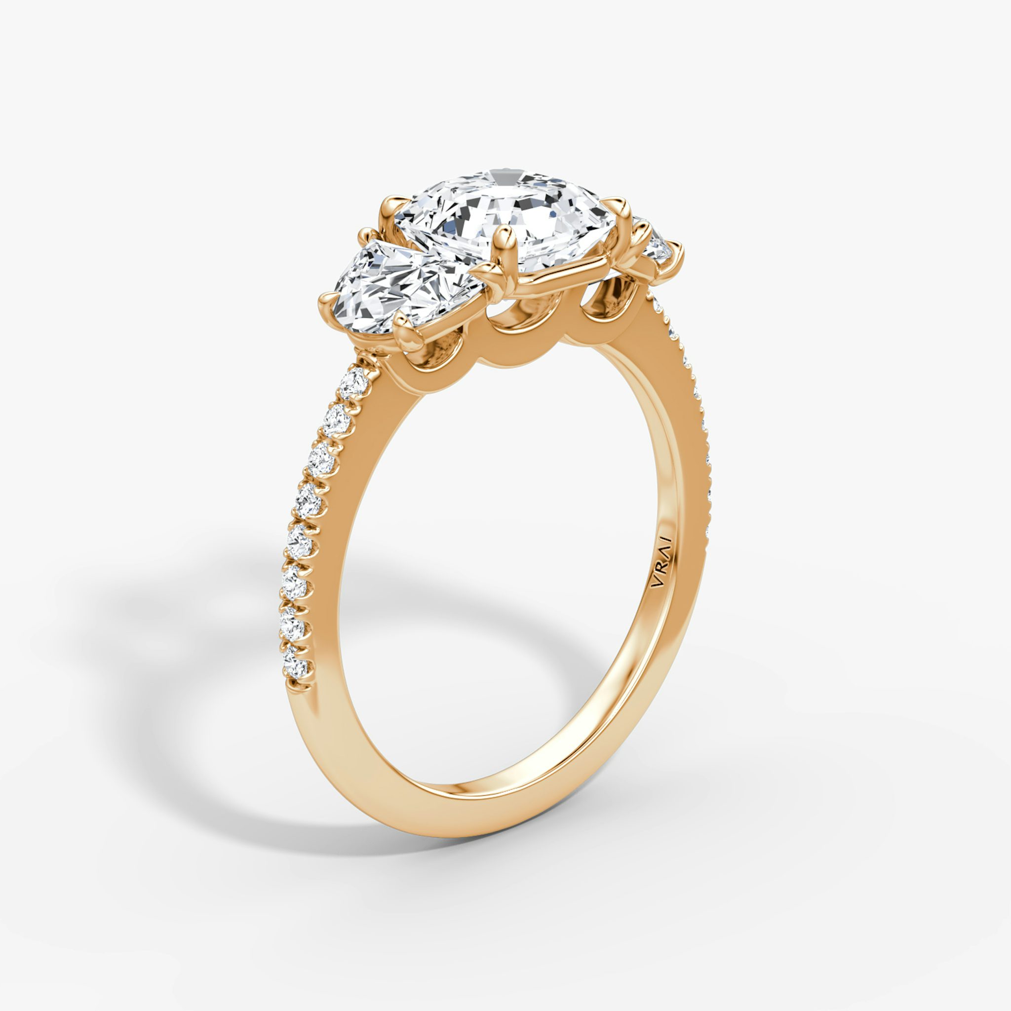 The Three Stone | Asscher | 14k | Rose Gold | bandAccent: Pavé | sideStoneCarat: 0.50ct | sideStoneShape: Half Moon | diamondOrientation: vertical | caratWeight: other