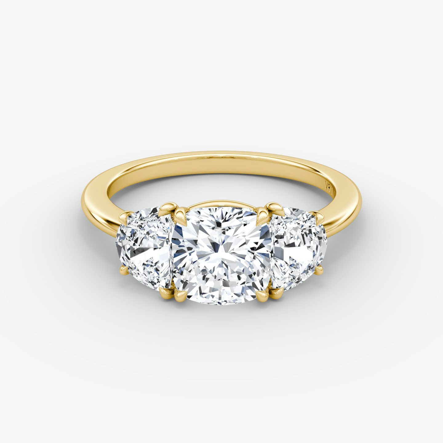 The Three Stone | Cushion | 18k | Yellow Gold | bandAccent: Plain | sideStoneCarat: 0.50ct | sideStoneShape: Half Moon | diamondOrientation: vertical | caratWeight: other