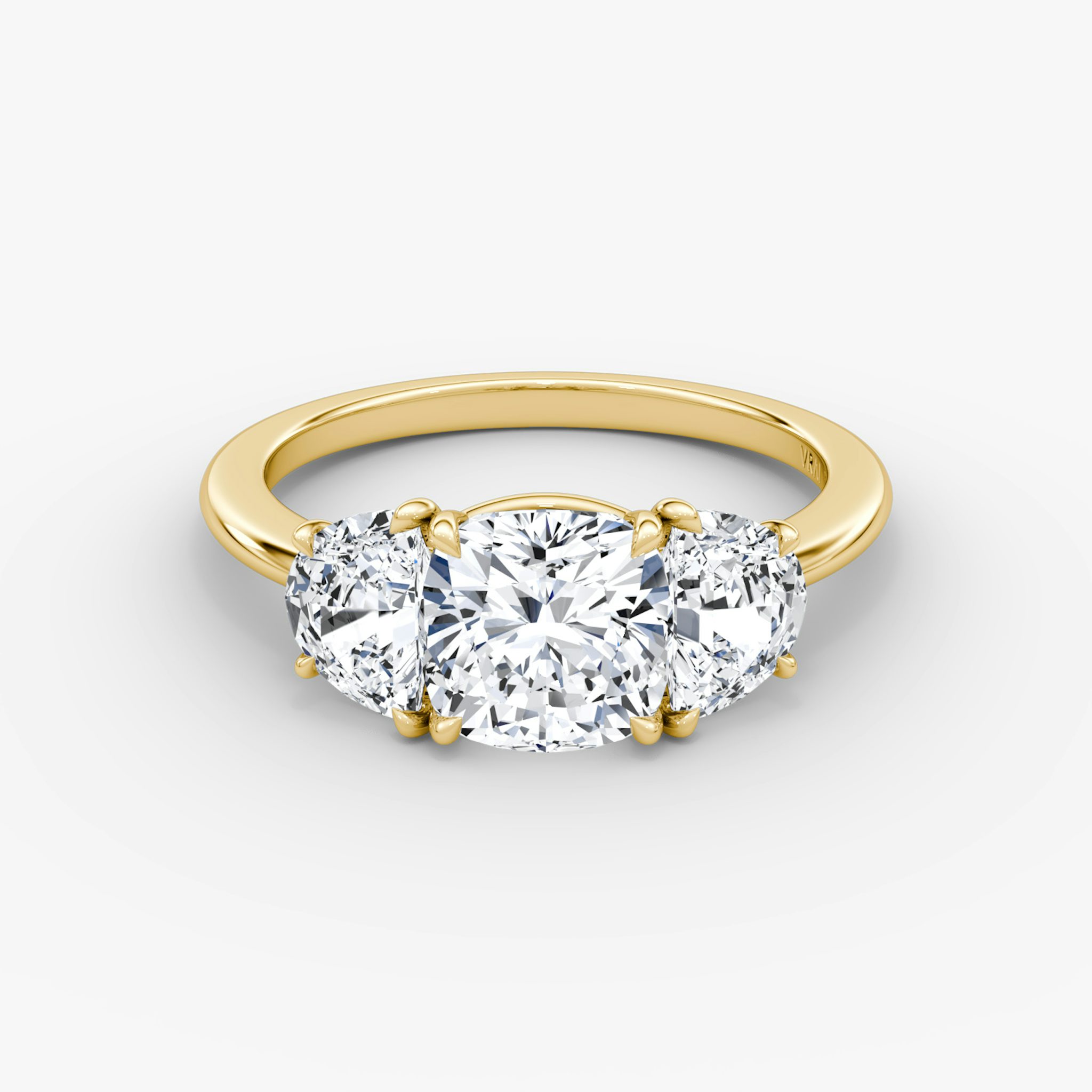 The Three Stone | Cushion | 18k | Yellow Gold | bandAccent: Plain | sideStoneCarat: 0.50ct | sideStoneShape: Half Moon | diamondOrientation: vertical | caratWeight: other