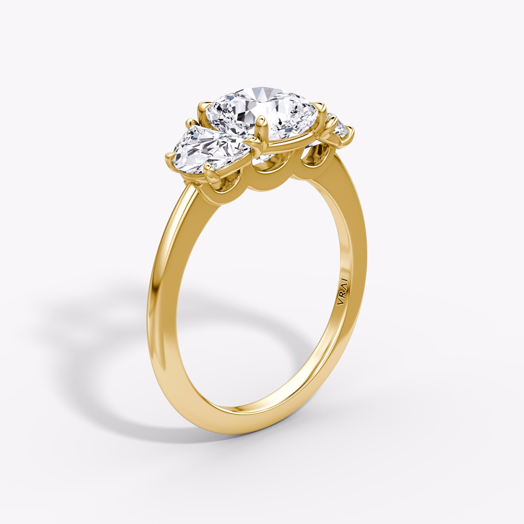 The Three Stone | Cushion | 18k | Yellow Gold | bandAccent: Plain | sideStoneCarat: 0.50ct | sideStoneShape: Half Moon | diamondOrientation: vertical | caratWeight: other