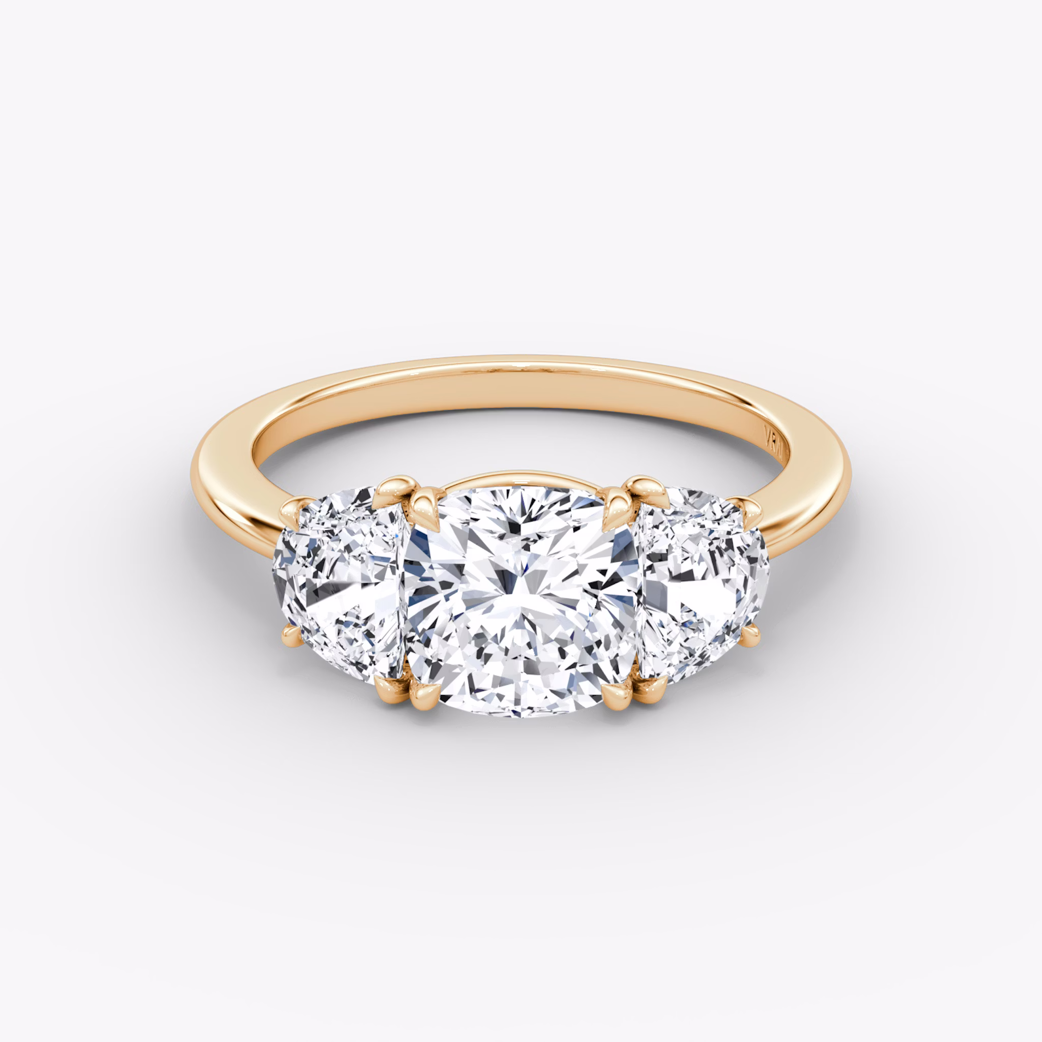 The Three Stone | Cushion | 14k | Rose Gold | bandAccent: Plain | sideStoneCarat: 0.50ct | sideStoneShape: Half Moon | diamondOrientation: vertical | caratWeight: other