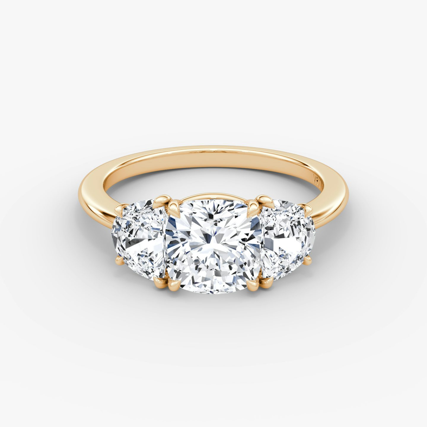 The Three Stone | Cushion | 14k | Rose Gold | bandAccent: Plain | sideStoneCarat: 0.50ct | sideStoneShape: Half Moon | diamondOrientation: vertical | caratWeight: other