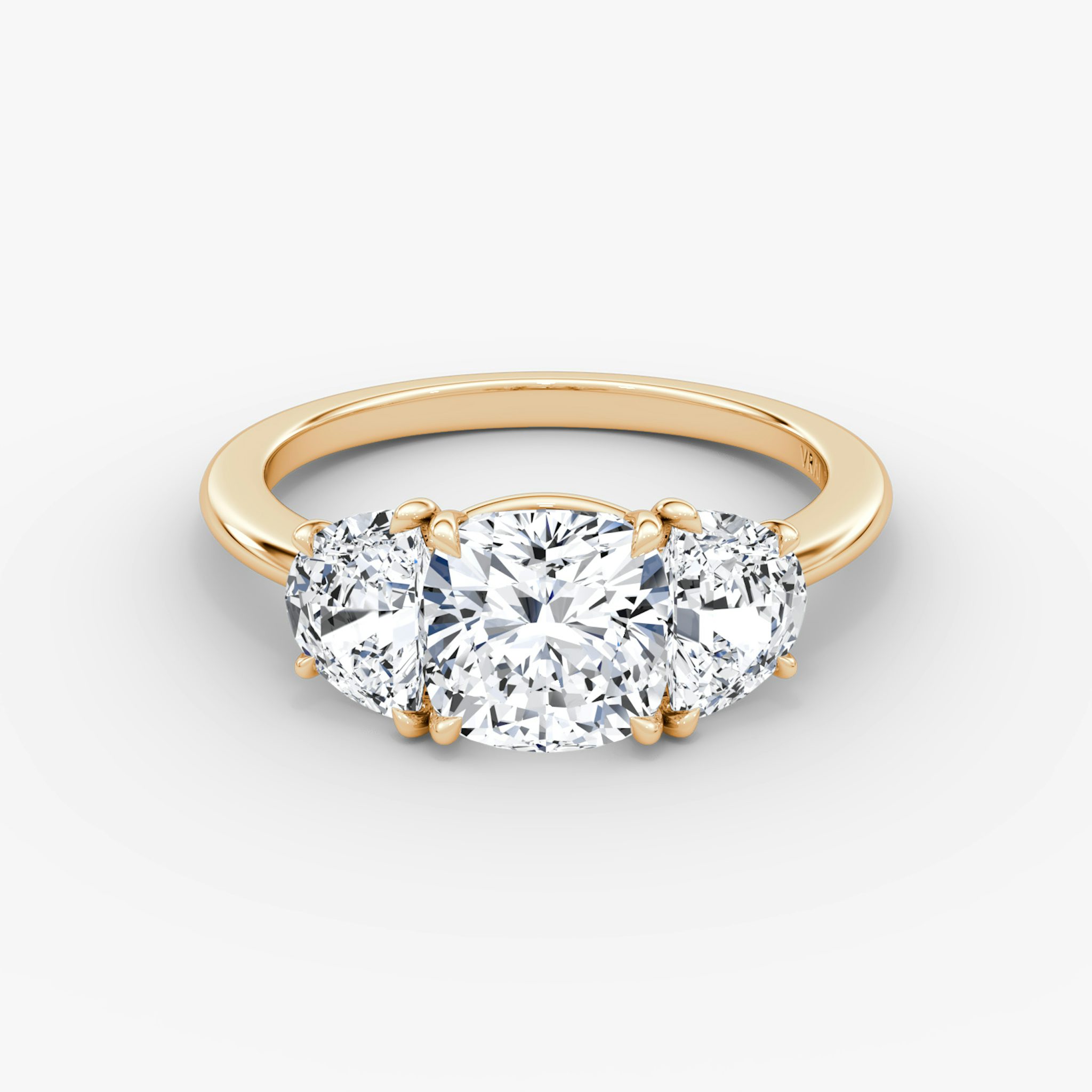 The Three Stone | Cushion | 14k | Rose Gold | bandAccent: Plain | sideStoneCarat: 0.50ct | sideStoneShape: Half Moon | diamondOrientation: vertical | caratWeight: other