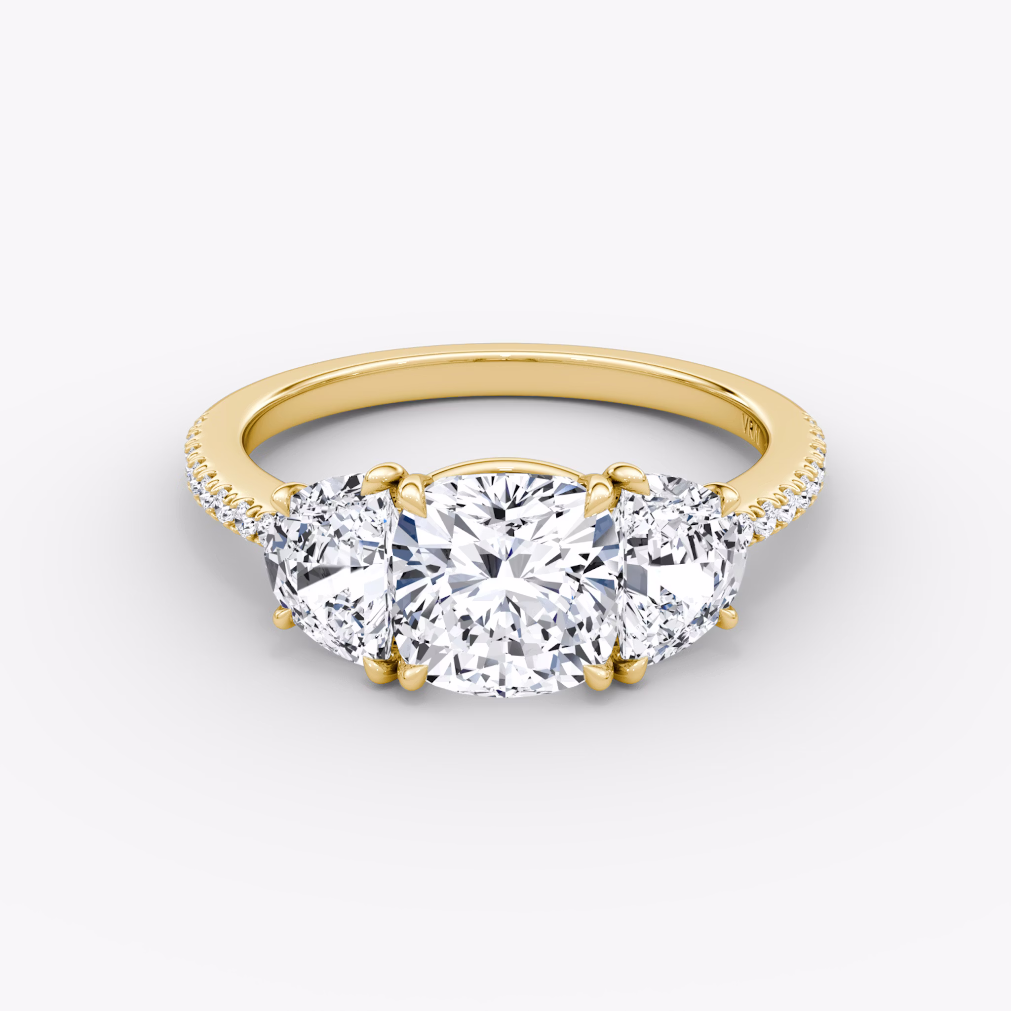 The Three Stone | Cushion | 18k | Yellow Gold | bandAccent: Pavé | sideStoneCarat: 0.50ct | sideStoneShape: Half Moon | diamondOrientation: vertical | caratWeight: other