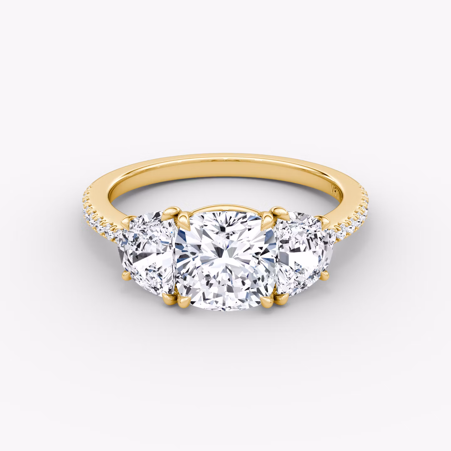 The Three Stone | Cushion | 18k | Yellow Gold | bandAccent: Pavé | sideStoneCarat: 0.50ct | sideStoneShape: Half Moon | diamondOrientation: vertical | caratWeight: other