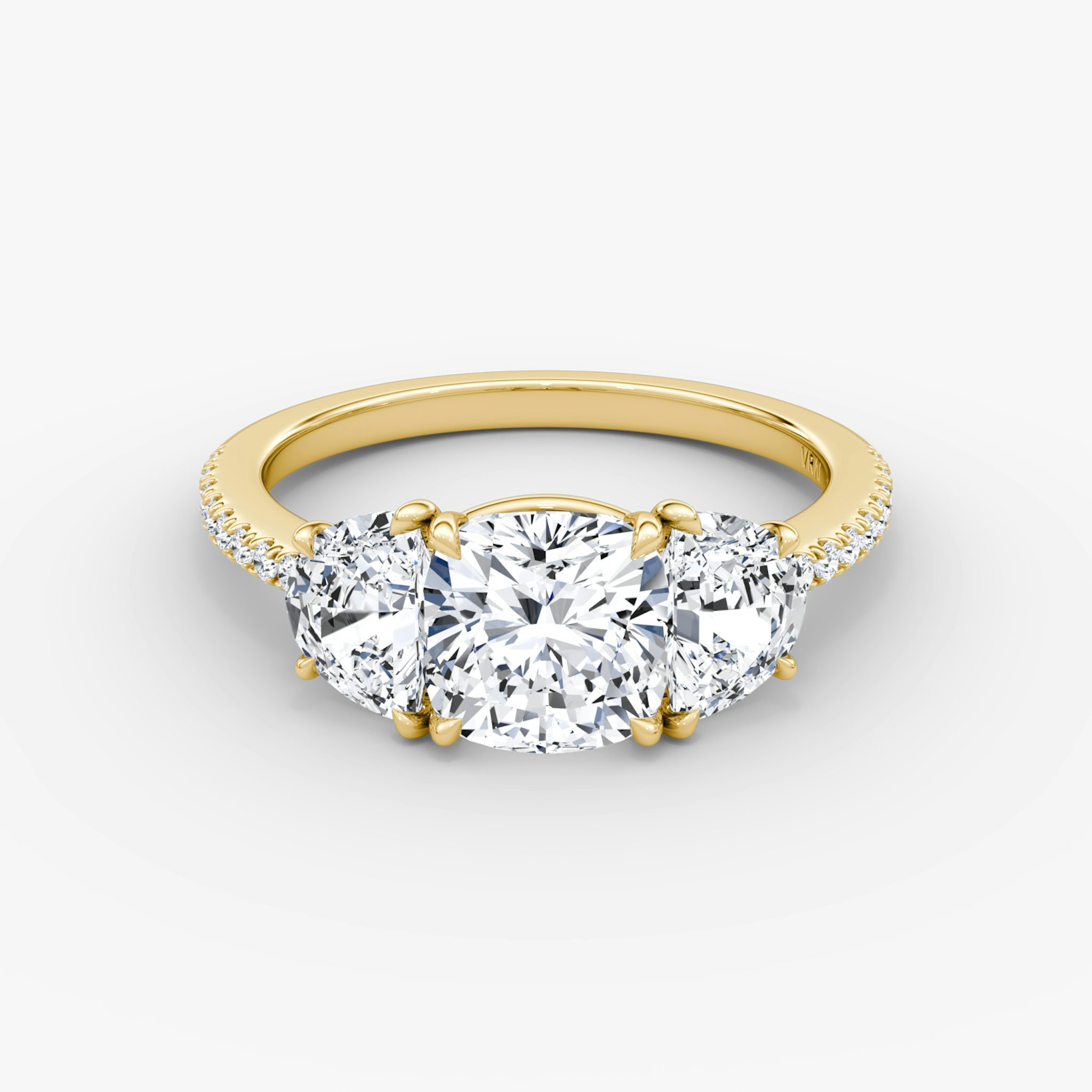 The Three Stone | Cushion | 18k | Yellow Gold | bandAccent: Pavé | sideStoneCarat: 0.50ct | sideStoneShape: Half Moon | diamondOrientation: vertical | caratWeight: other