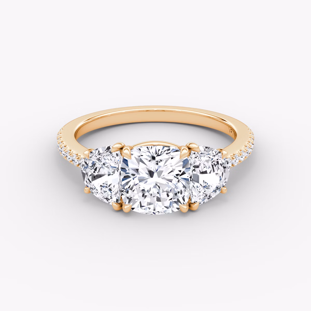 The Three Stone | Cushion | 14k | Rose Gold | bandAccent: Pavé | sideStoneCarat: 0.50ct | sideStoneShape: Half Moon | diamondOrientation: vertical | caratWeight: other
