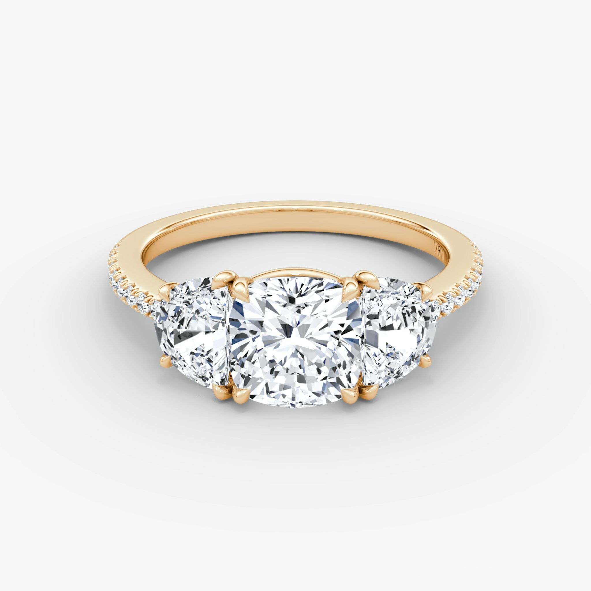 The Three Stone | Cushion | 14k | Rose Gold | bandAccent: Pavé | sideStoneCarat: 0.50ct | sideStoneShape: Half Moon | diamondOrientation: vertical | caratWeight: other