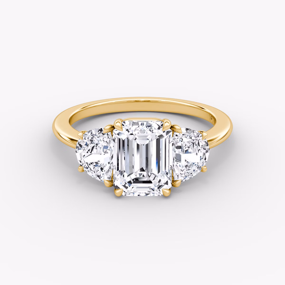 The Three Stone | Emerald | 18k | Yellow Gold | bandAccent: Plain | sideStoneCarat: 0.50ct | sideStoneShape: Half Moon | diamondOrientation: vertical | caratWeight: other
