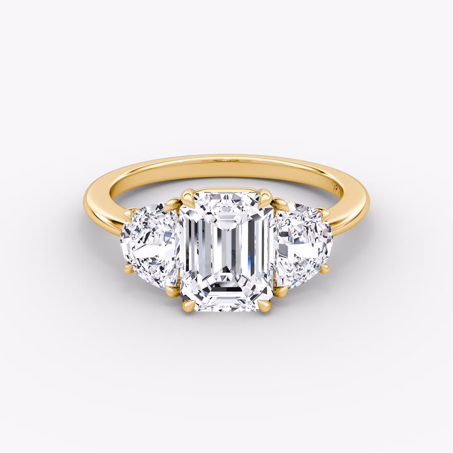 The Three Stone | Emerald | 18k | Yellow Gold | bandAccent: Plain | sideStoneCarat: 0.50ct | sideStoneShape: Half Moon | diamondOrientation: vertical | caratWeight: other