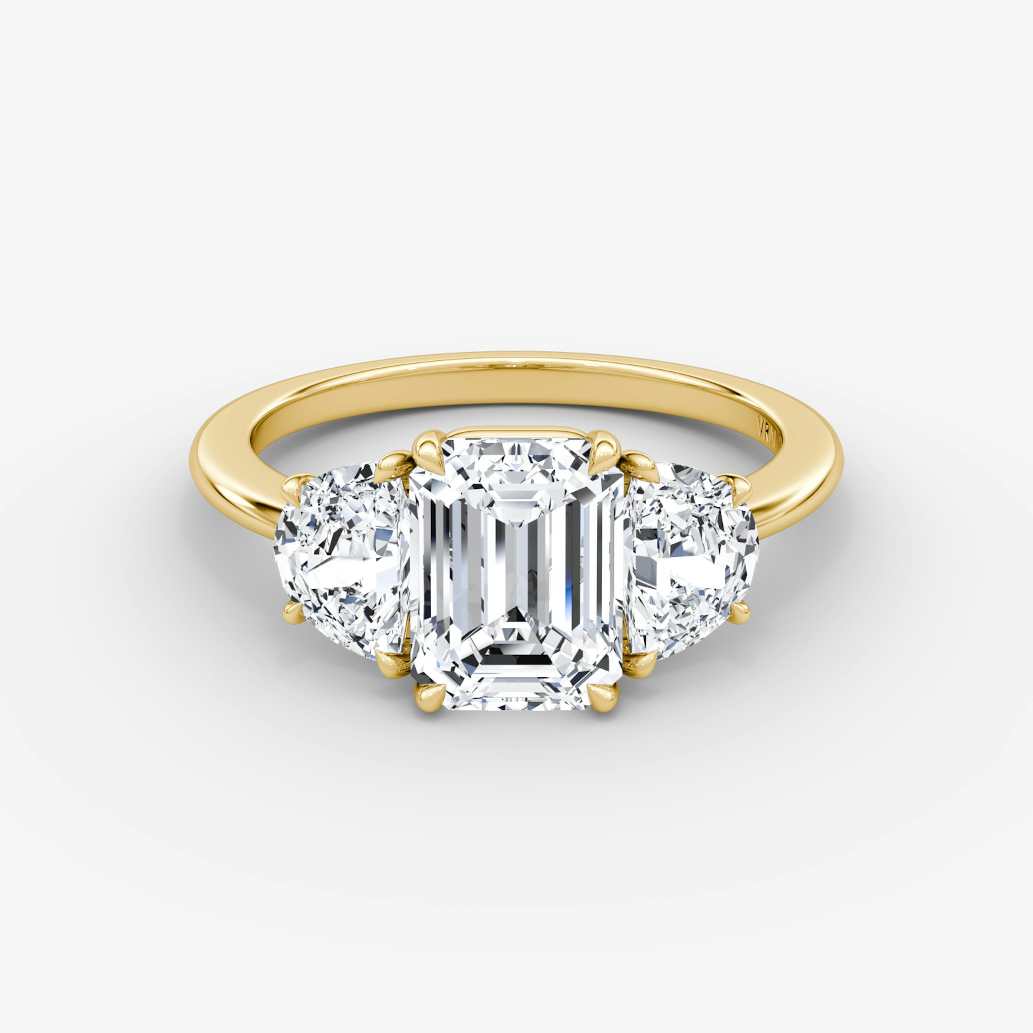 The Three Stone | Emerald | 18k | Yellow Gold | bandAccent: Plain | sideStoneCarat: 0.50ct | sideStoneShape: Half Moon | diamondOrientation: vertical | caratWeight: other