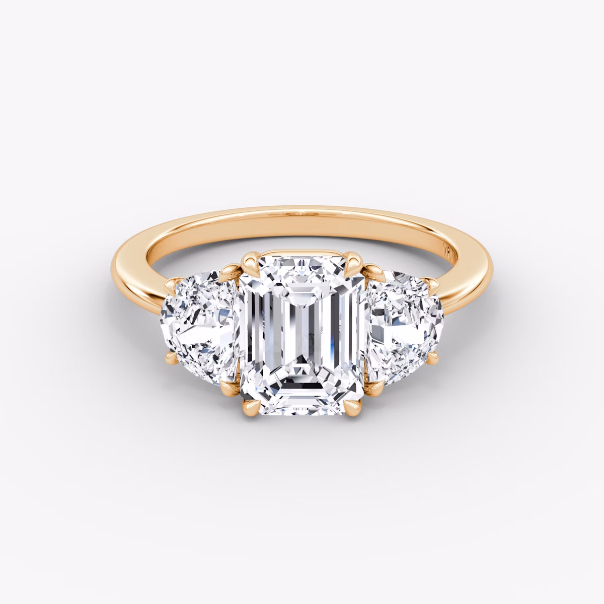The Three Stone | Emerald | 14k | Rose Gold | bandAccent: Plain | sideStoneCarat: 0.50ct | sideStoneShape: Half Moon | diamondOrientation: vertical | caratWeight: other