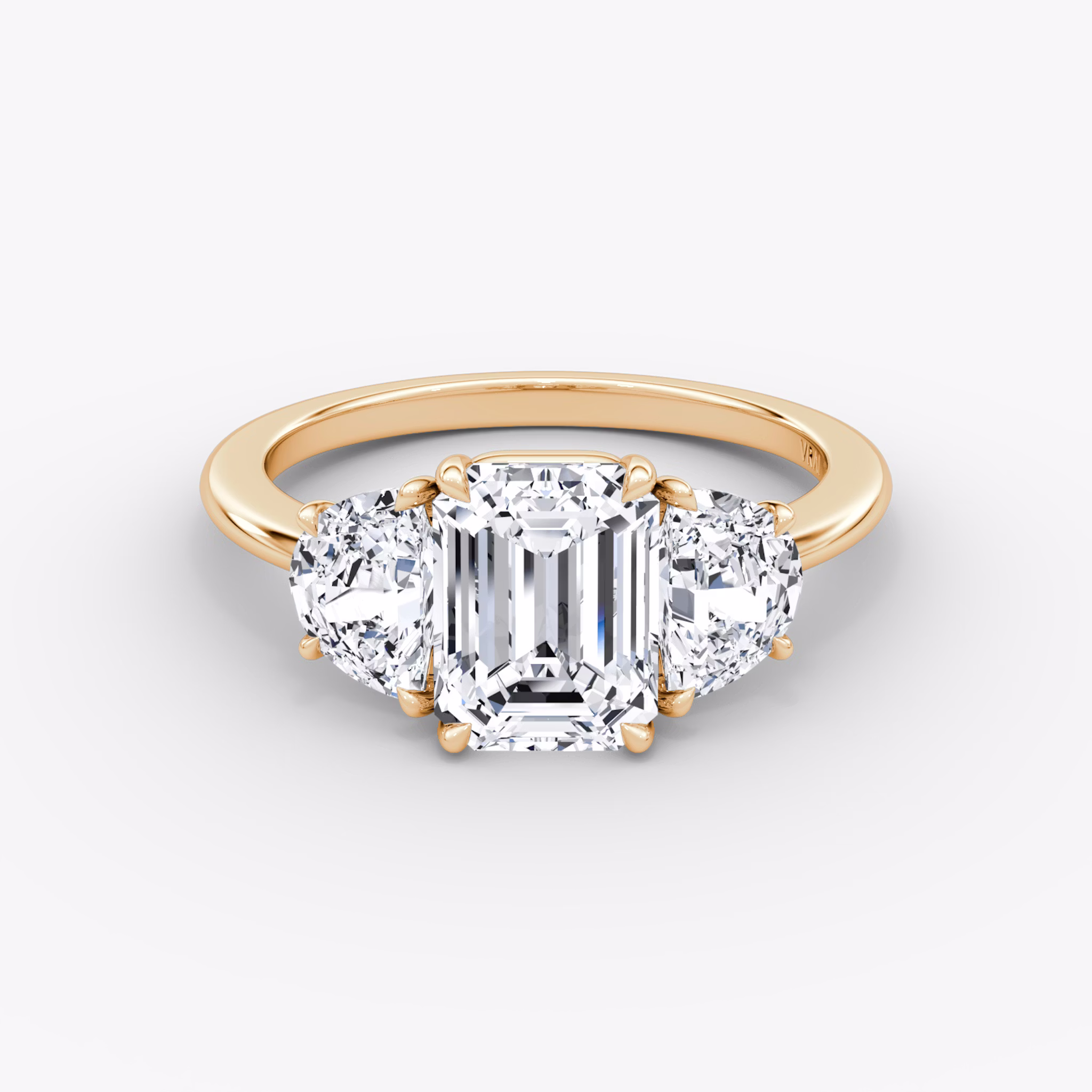 The Three Stone | Emerald | 14k | Rose Gold | bandAccent: Plain | sideStoneCarat: 0.50ct | sideStoneShape: Half Moon | diamondOrientation: vertical | caratWeight: other