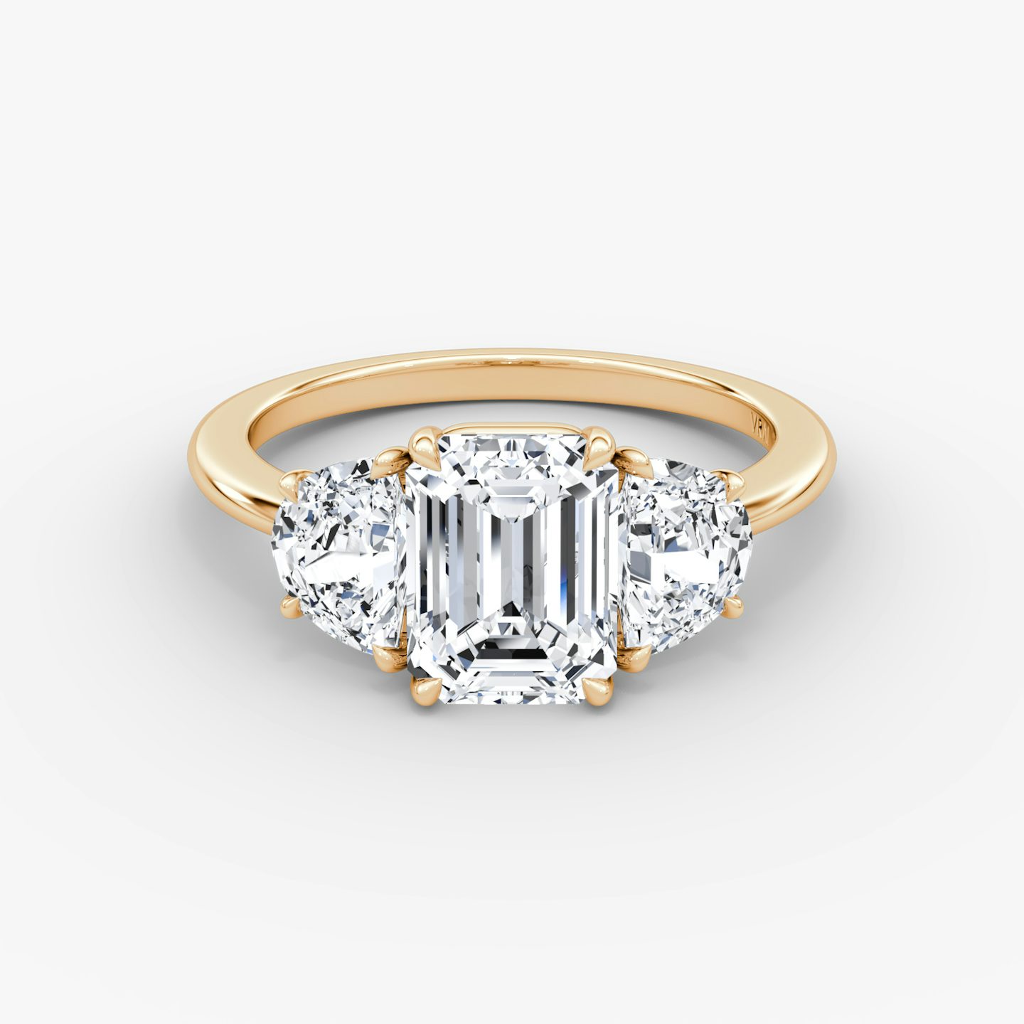 The Three Stone | Emerald | 14k | Rose Gold | bandAccent: Plain | sideStoneCarat: 0.50ct | sideStoneShape: Half Moon | diamondOrientation: vertical | caratWeight: other