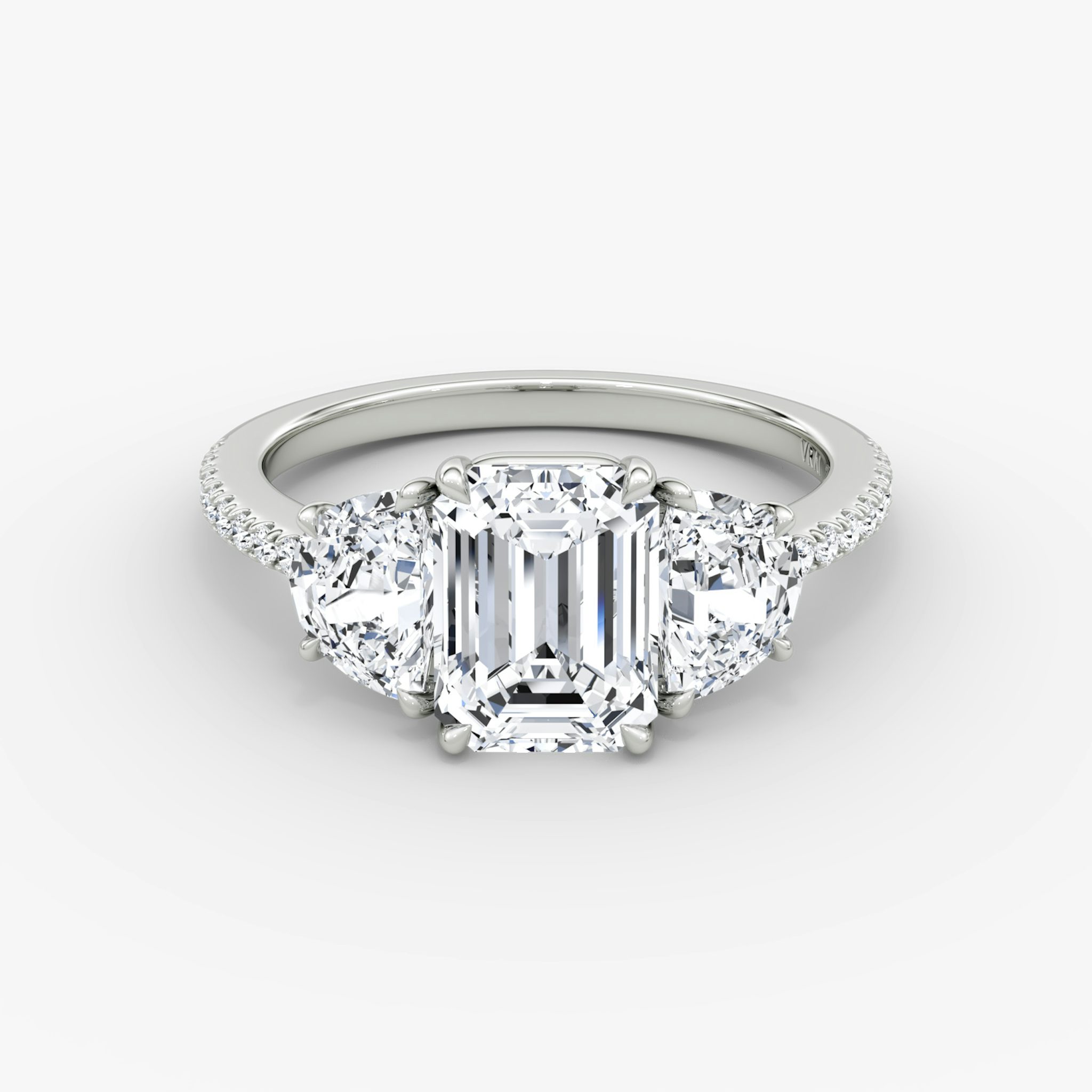 The Three Stone | Emerald | 18k | White Gold | bandAccent: Pavé | sideStoneCarat: 0.50ct | sideStoneShape: Half Moon | diamondOrientation: vertical | caratWeight: other