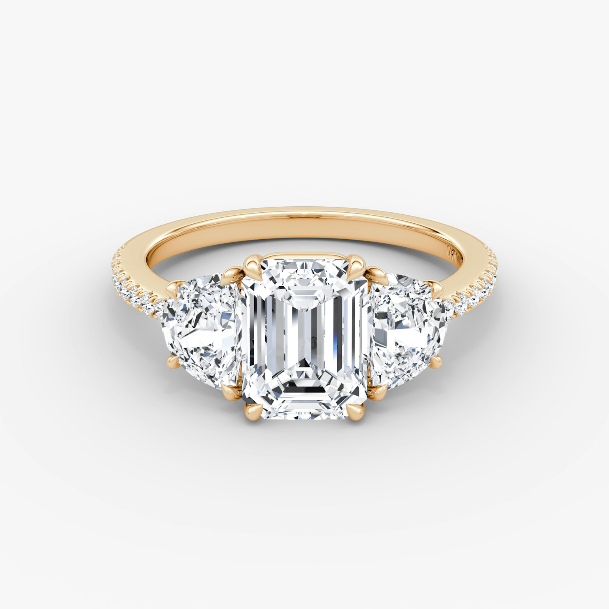 The Three Stone | Emerald | 14k | Rose Gold | bandAccent: Pavé | sideStoneCarat: 0.50ct | sideStoneShape: Half Moon | diamondOrientation: vertical | caratWeight: other