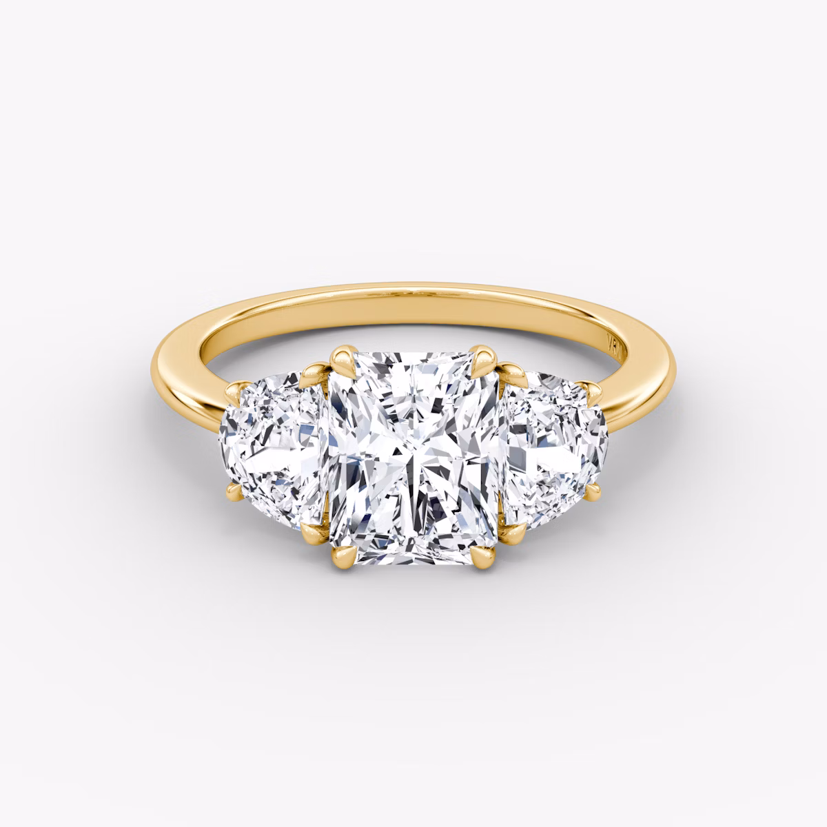 The Three Stone | Radiant | 18k | Yellow Gold | bandAccent: Plain | sideStoneCarat: 0.50ct | sideStoneShape: Half Moon | diamondOrientation: vertical | caratWeight: other