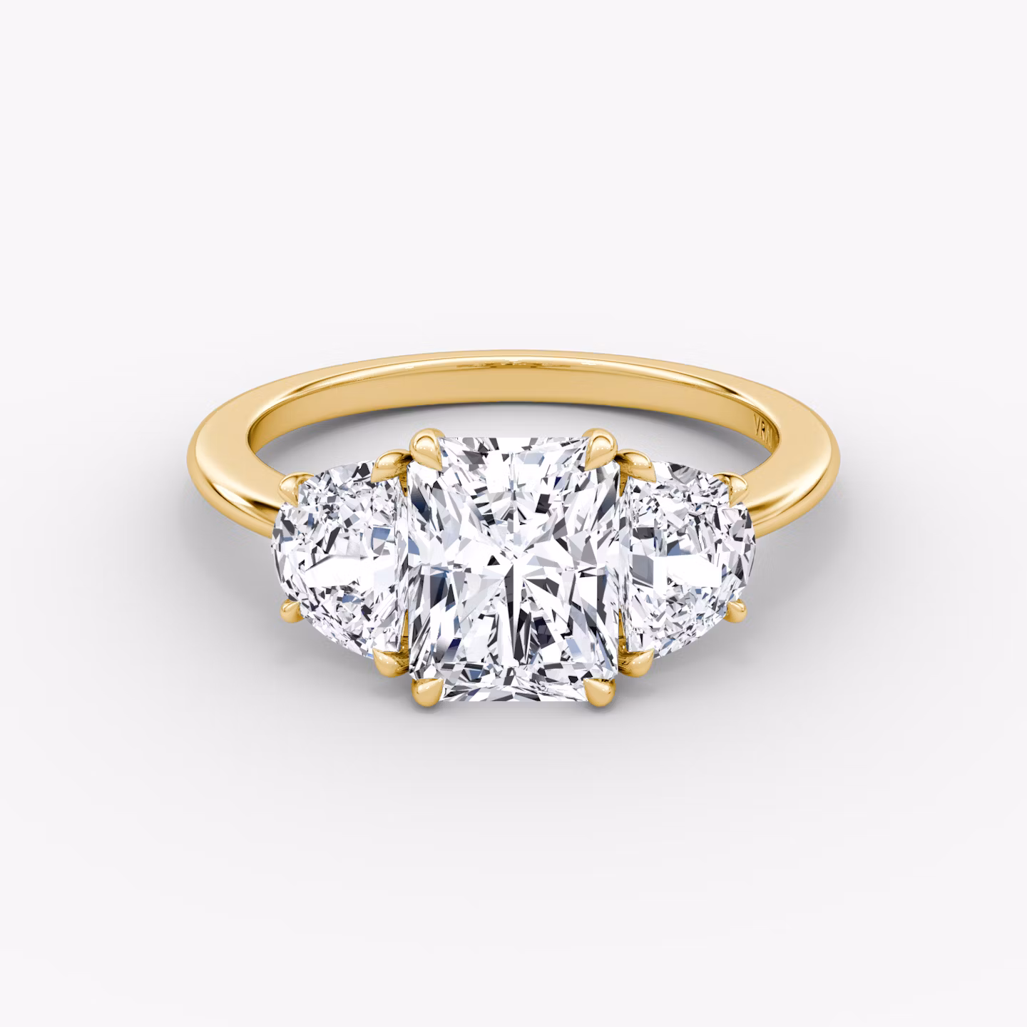 The Three Stone | Radiant | 18k | Yellow Gold | bandAccent: Plain | sideStoneCarat: 0.50ct | sideStoneShape: Half Moon | diamondOrientation: vertical | caratWeight: other