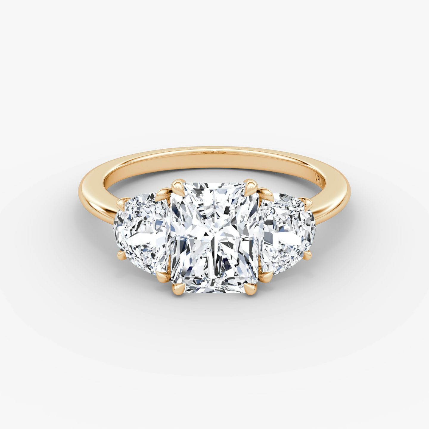 The Three Stone | Radiant | 14k | Rose Gold | bandAccent: Plain | sideStoneCarat: 0.50ct | sideStoneShape: Half Moon | diamondOrientation: vertical | caratWeight: other