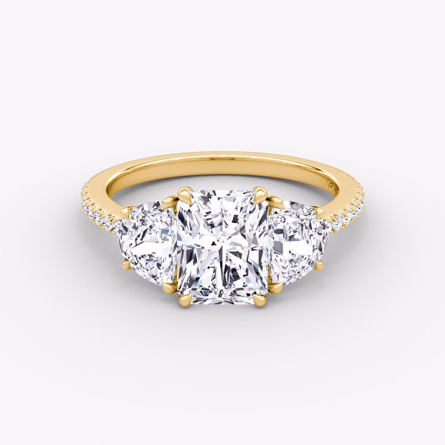 The Three Stone | Radiant | 18k | Yellow Gold | bandAccent: Pavé | sideStoneCarat: 0.50ct | sideStoneShape: Half Moon | diamondOrientation: vertical | caratWeight: other