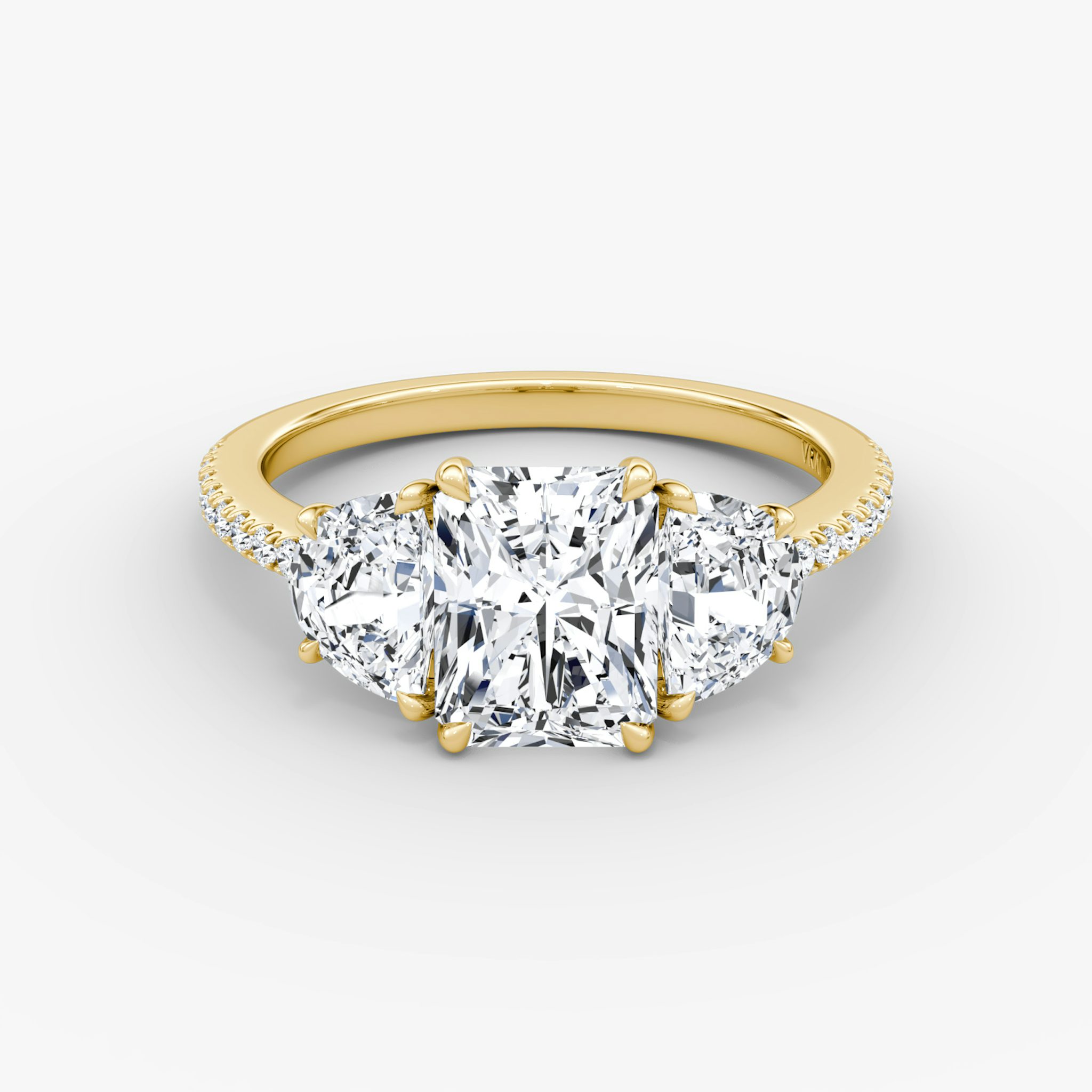 The Three Stone | Radiant | 18k | Yellow Gold | bandAccent: Pavé | sideStoneCarat: 0.50ct | sideStoneShape: Half Moon | diamondOrientation: vertical | caratWeight: other