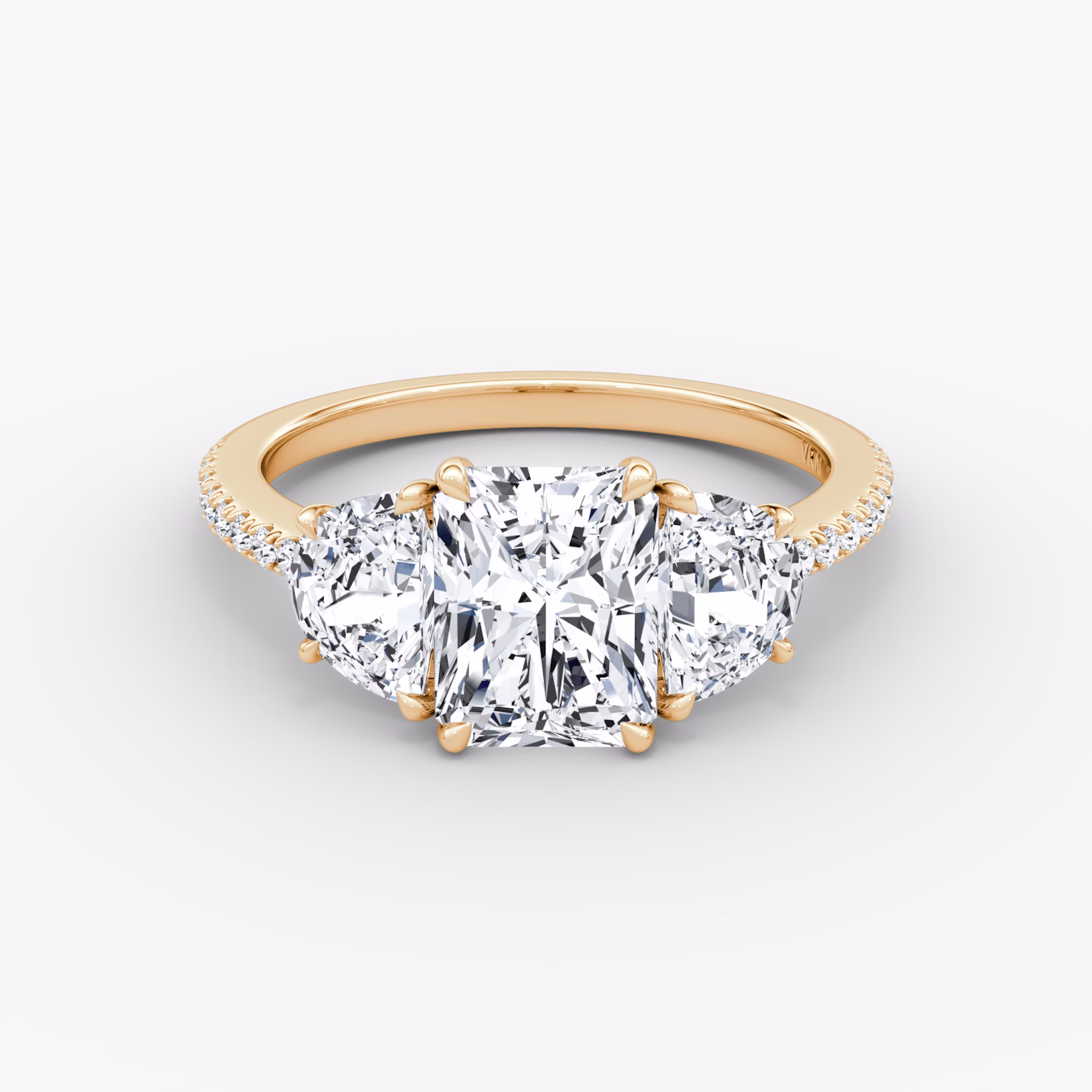 The Three Stone | Radiant | 14k | Rose Gold | bandAccent: Pavé | sideStoneCarat: 0.50ct | sideStoneShape: Half Moon | diamondOrientation: vertical | caratWeight: other
