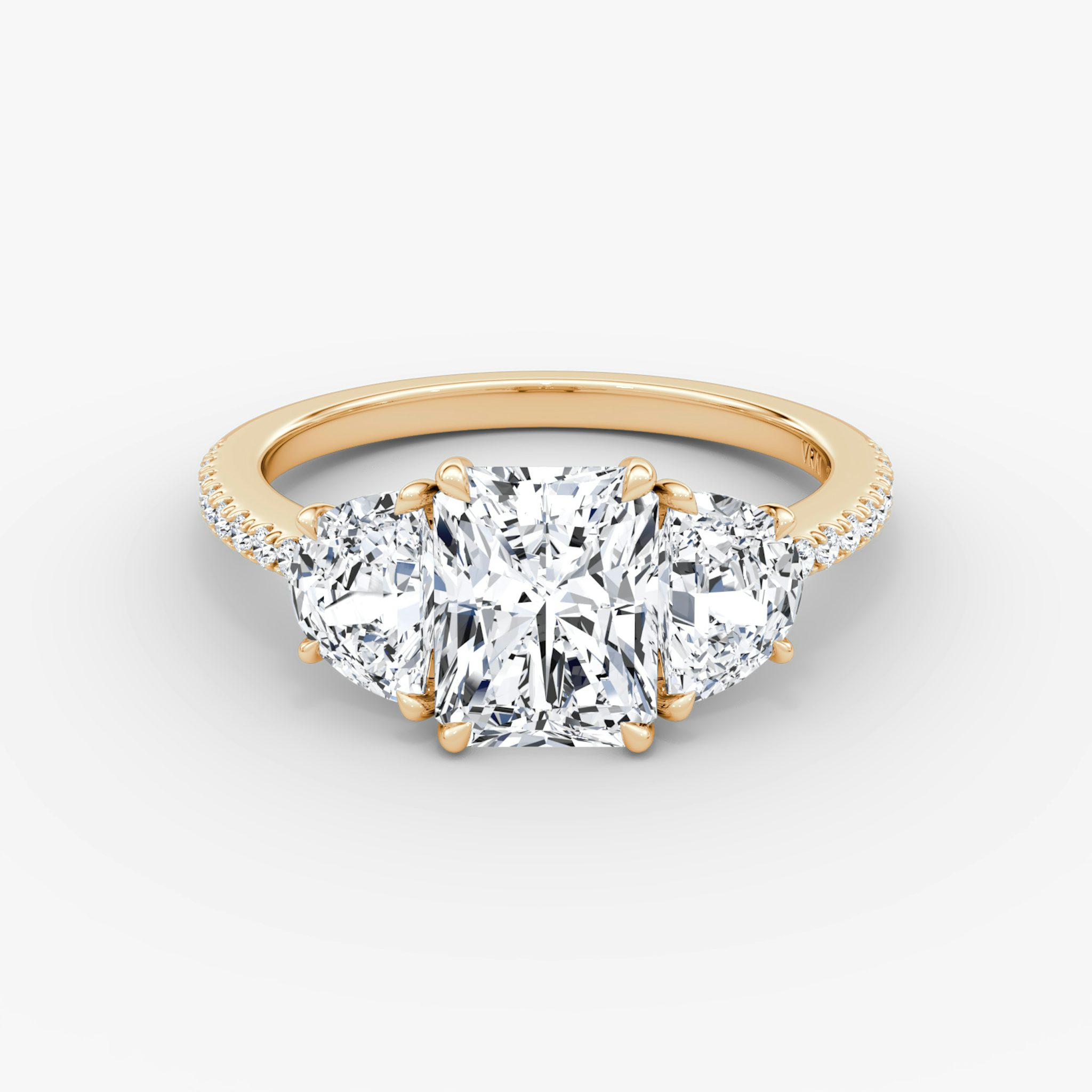 The Three Stone | Radiant | 14k | Rose Gold | bandAccent: Pavé | sideStoneCarat: 0.50ct | sideStoneShape: Half Moon | diamondOrientation: vertical | caratWeight: other