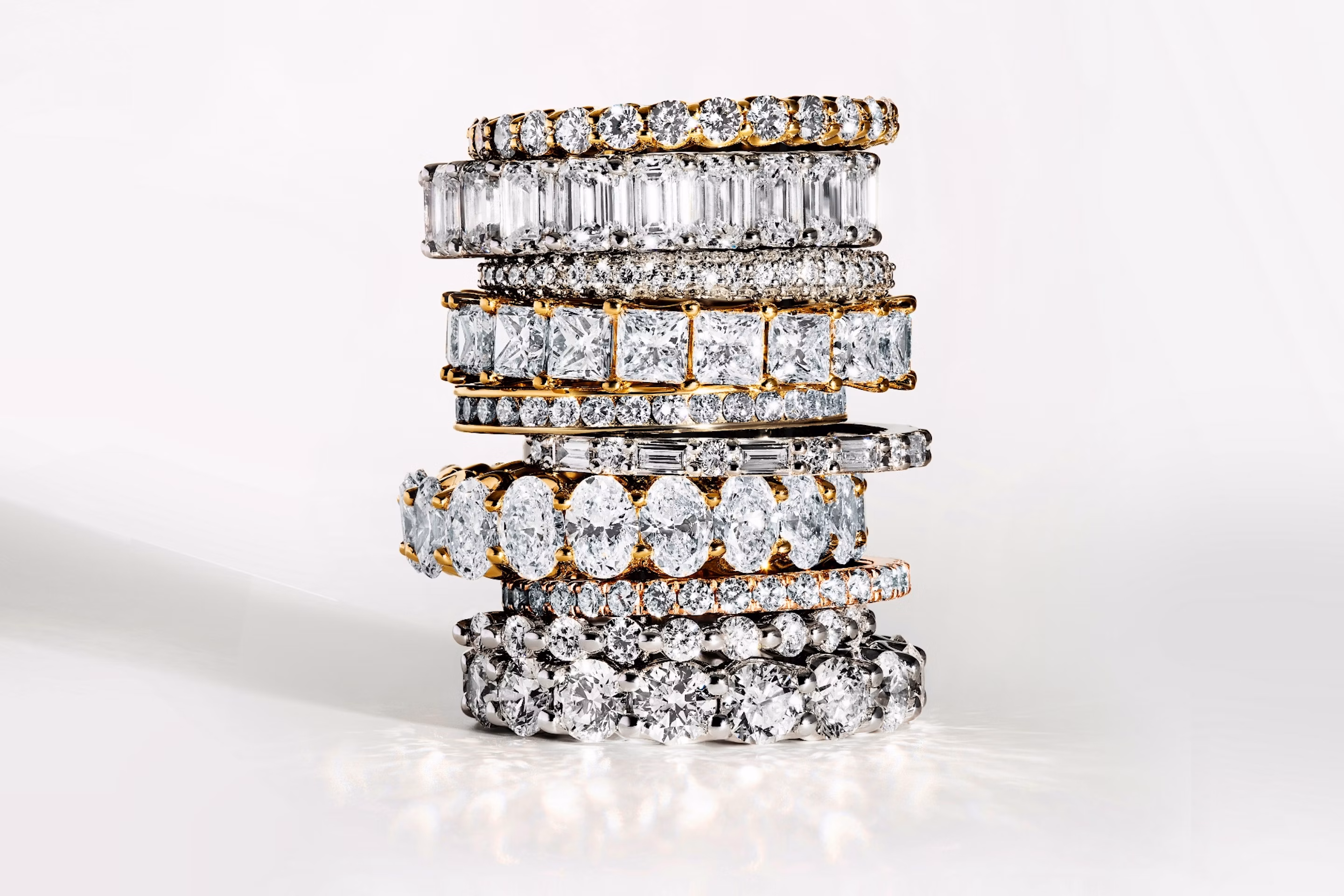 stack of different wedding rings with lab grown diamonds