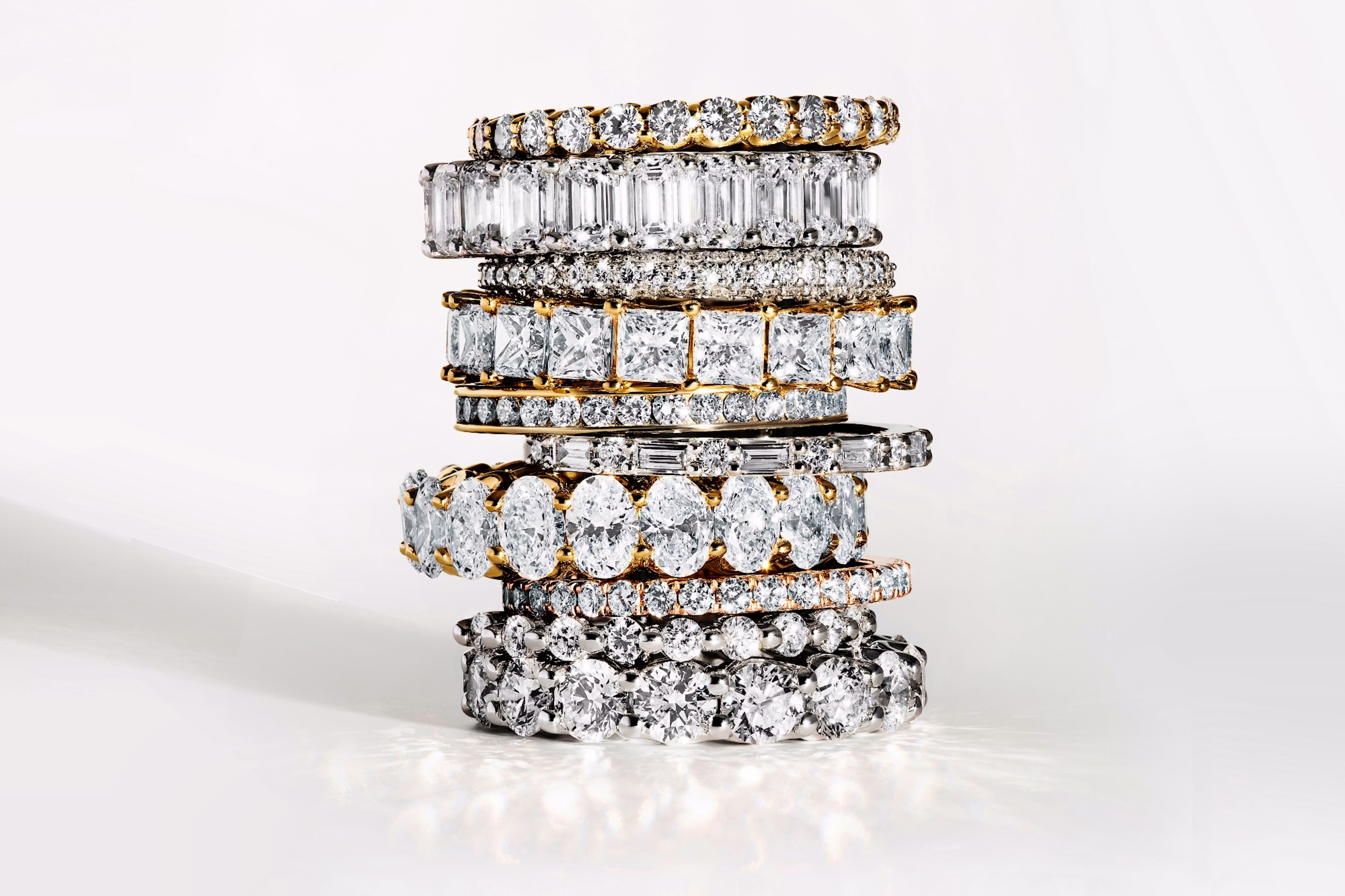 stack of different wedding rings with lab grown diamonds