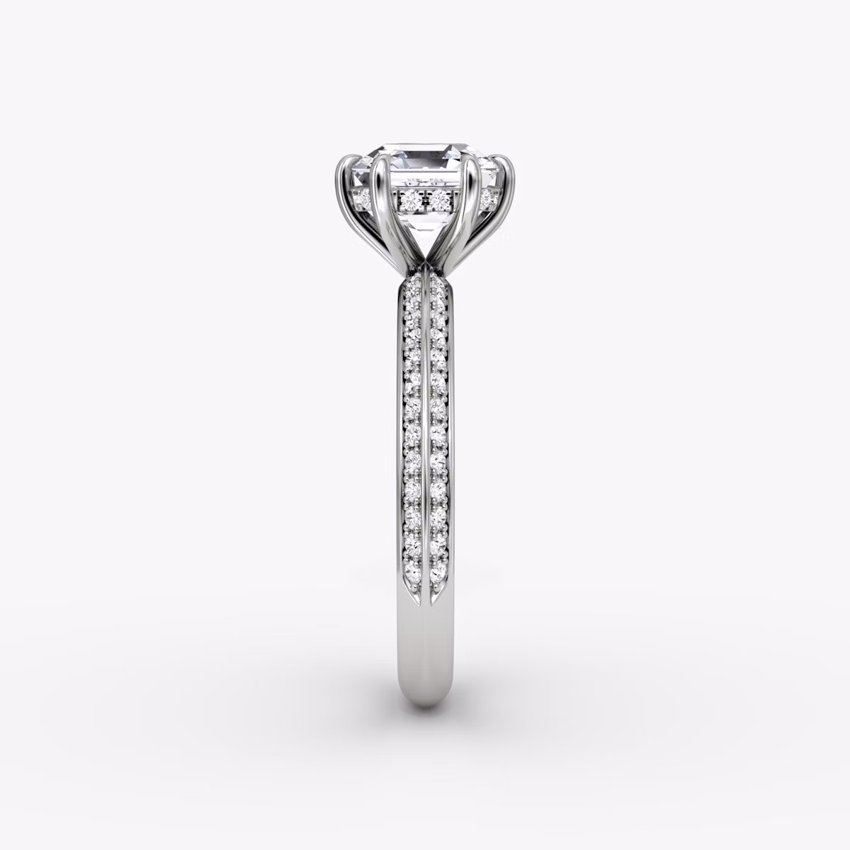 The Knife-Edge | Asscher | Platinum | bandAccent: Pavé | hiddenHalo: yes | diamondOrientation: vertical | caratWeight: other