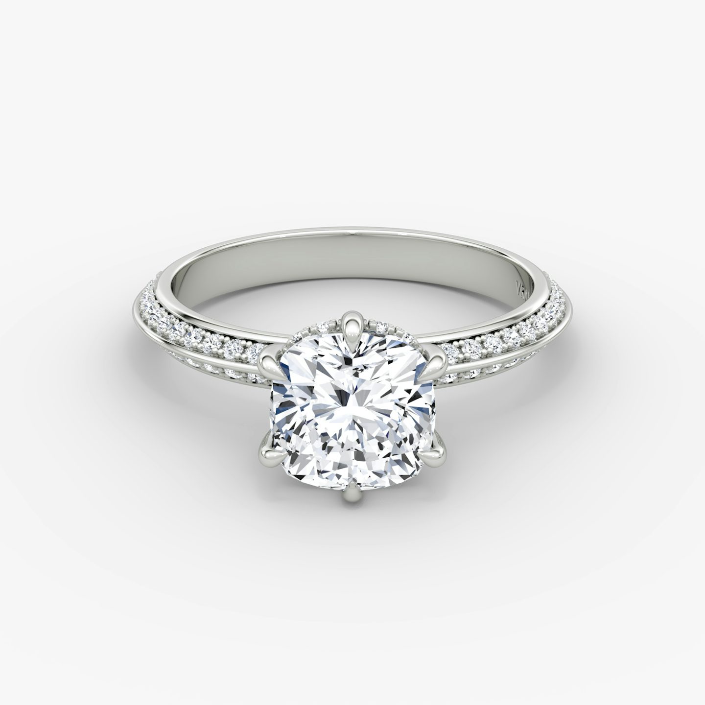 The Knife-Edge | Cushion | Platinum | bandAccent: Pavé | hiddenHalo: yes | diamondOrientation: vertical | caratWeight: other