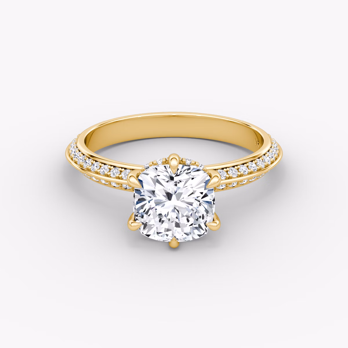 Knife-Edge | Cushion | 18k | Gelbgold | bandAccent: Mit Pavé-Besatz | hiddenHalo: yes | diamondOrientation: vertical | caratWeight: other