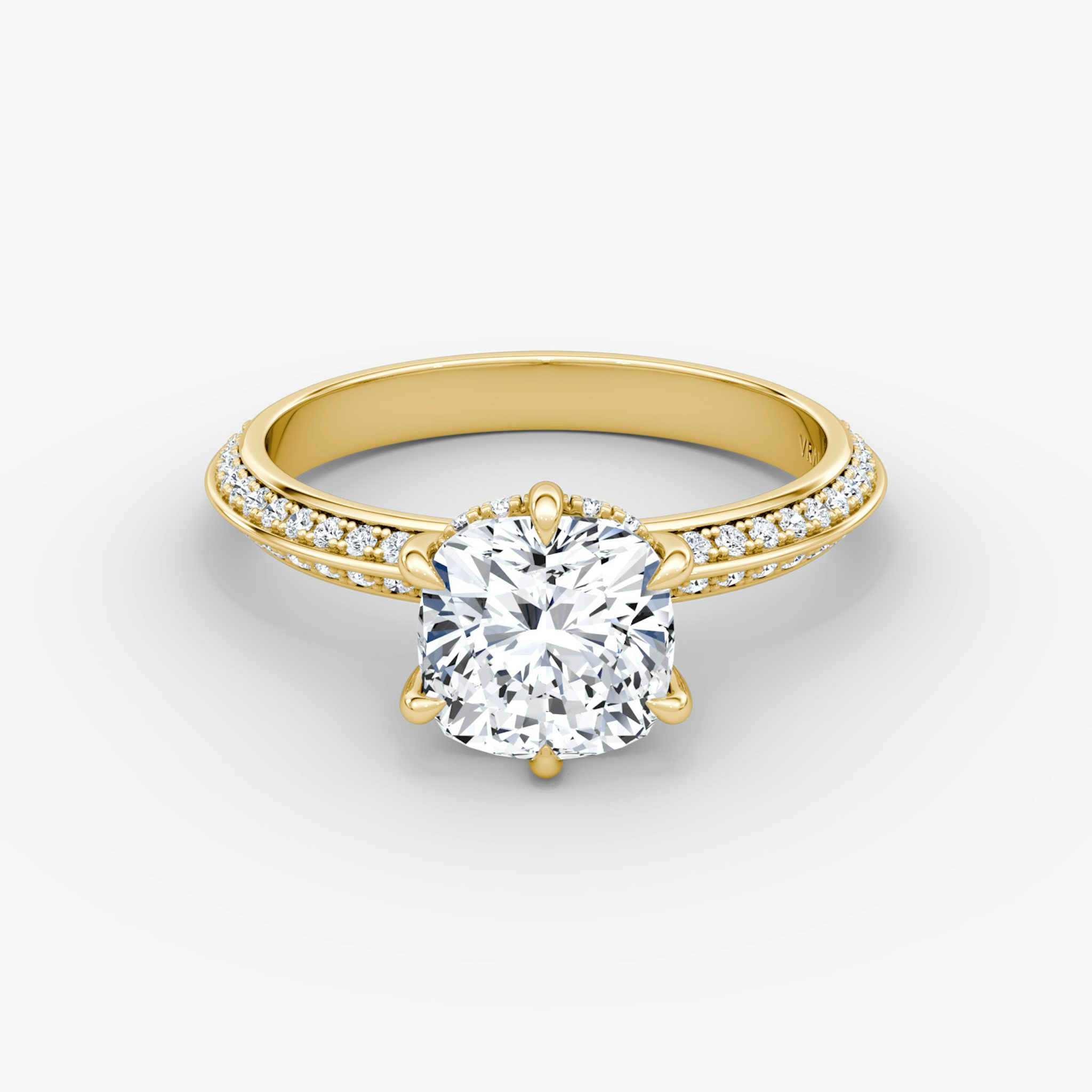 The Knife-Edge | Cushion | 18k | Yellow Gold | bandAccent: Pavé | hiddenHalo: yes | diamondOrientation: vertical | caratWeight: other