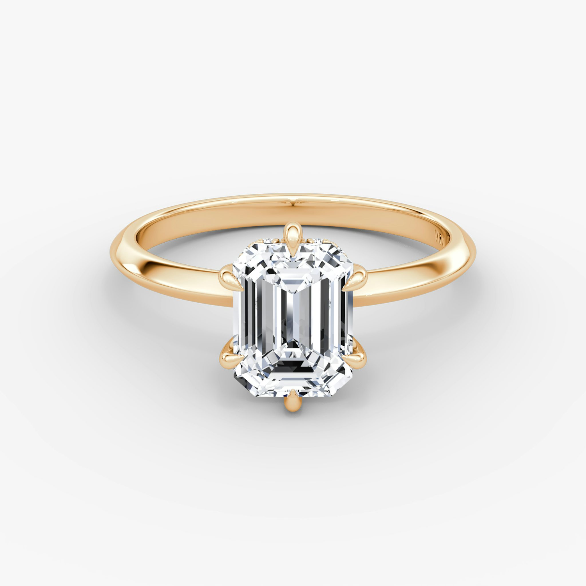 The Knife-Edge | Emerald | 14k | Rose Gold | bandAccent: Plain | hiddenHalo: yes | diamondOrientation: vertical | caratWeight: other