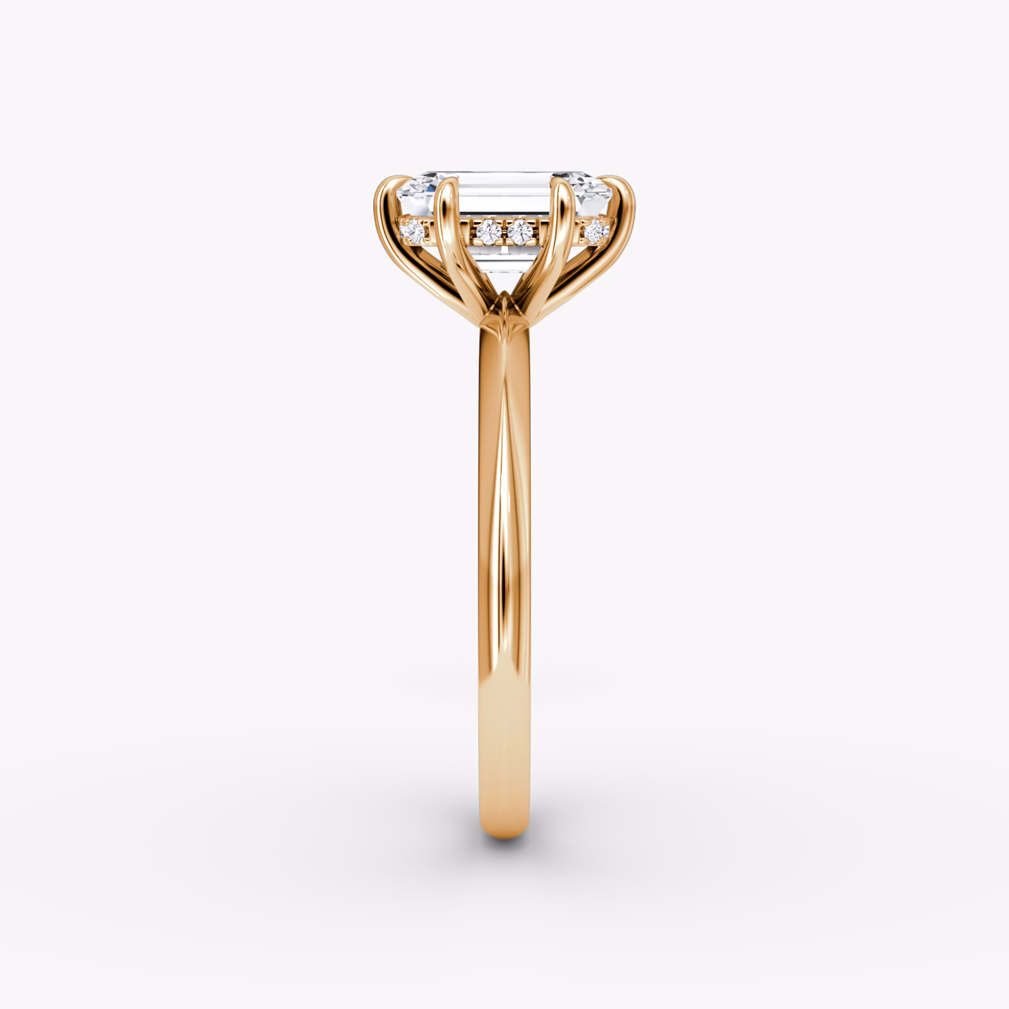 The Knife-Edge | Emerald | 14k | Rose Gold | bandAccent: Plain | hiddenHalo: yes | diamondOrientation: vertical | caratWeight: other