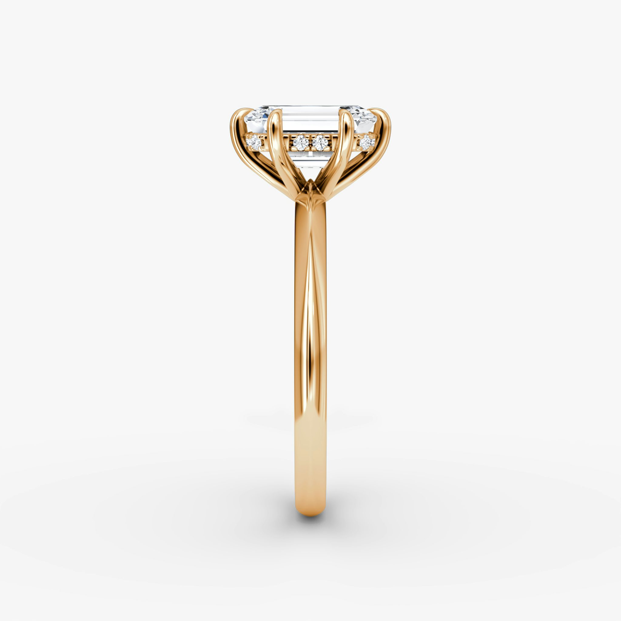 The Knife-Edge | Emerald | 14k | Rose Gold | bandAccent: Plain | hiddenHalo: yes | diamondOrientation: vertical | caratWeight: other