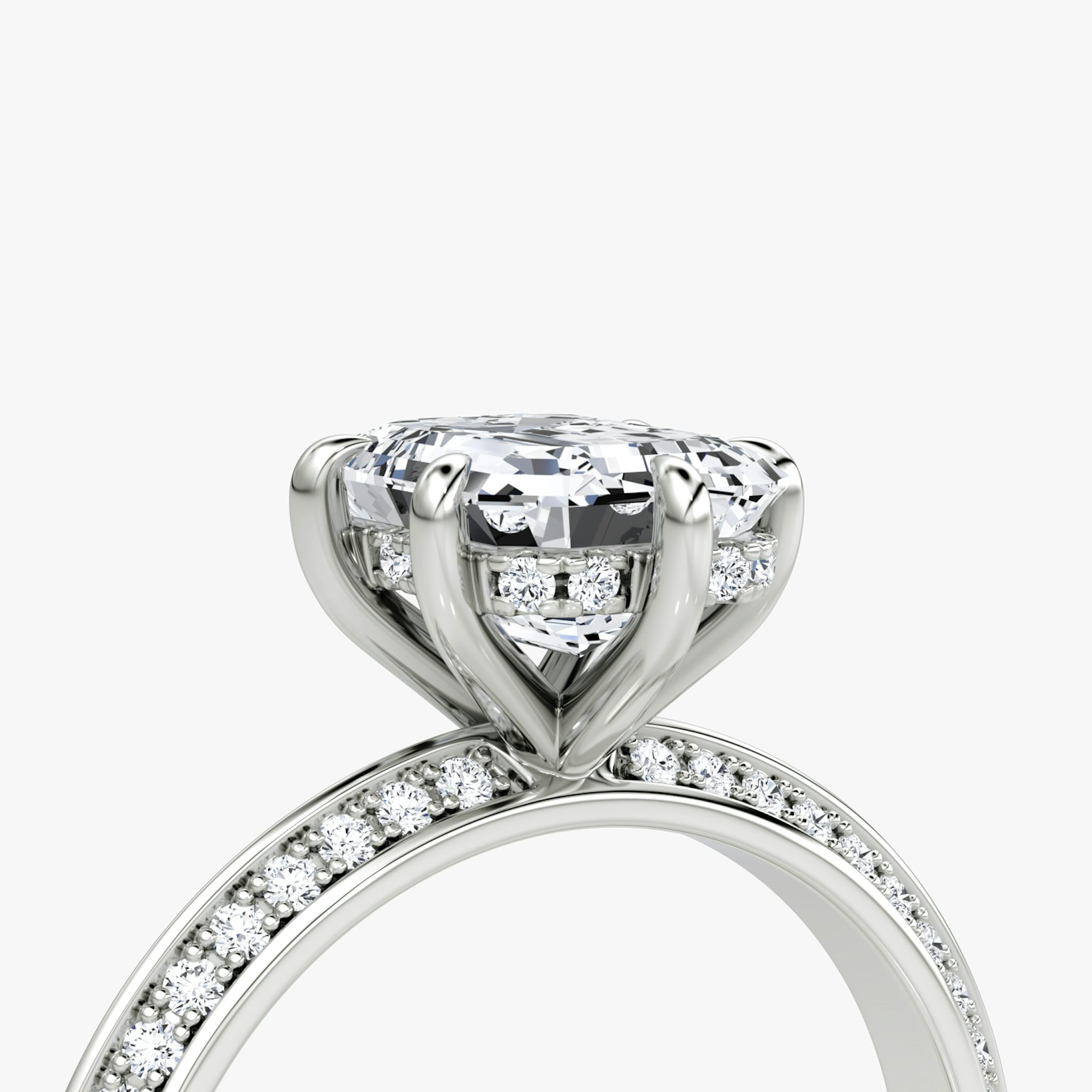 The Knife-Edge | Emerald | 18k | White Gold | bandAccent: Pavé | hiddenHalo: yes | diamondOrientation: vertical | caratWeight: other