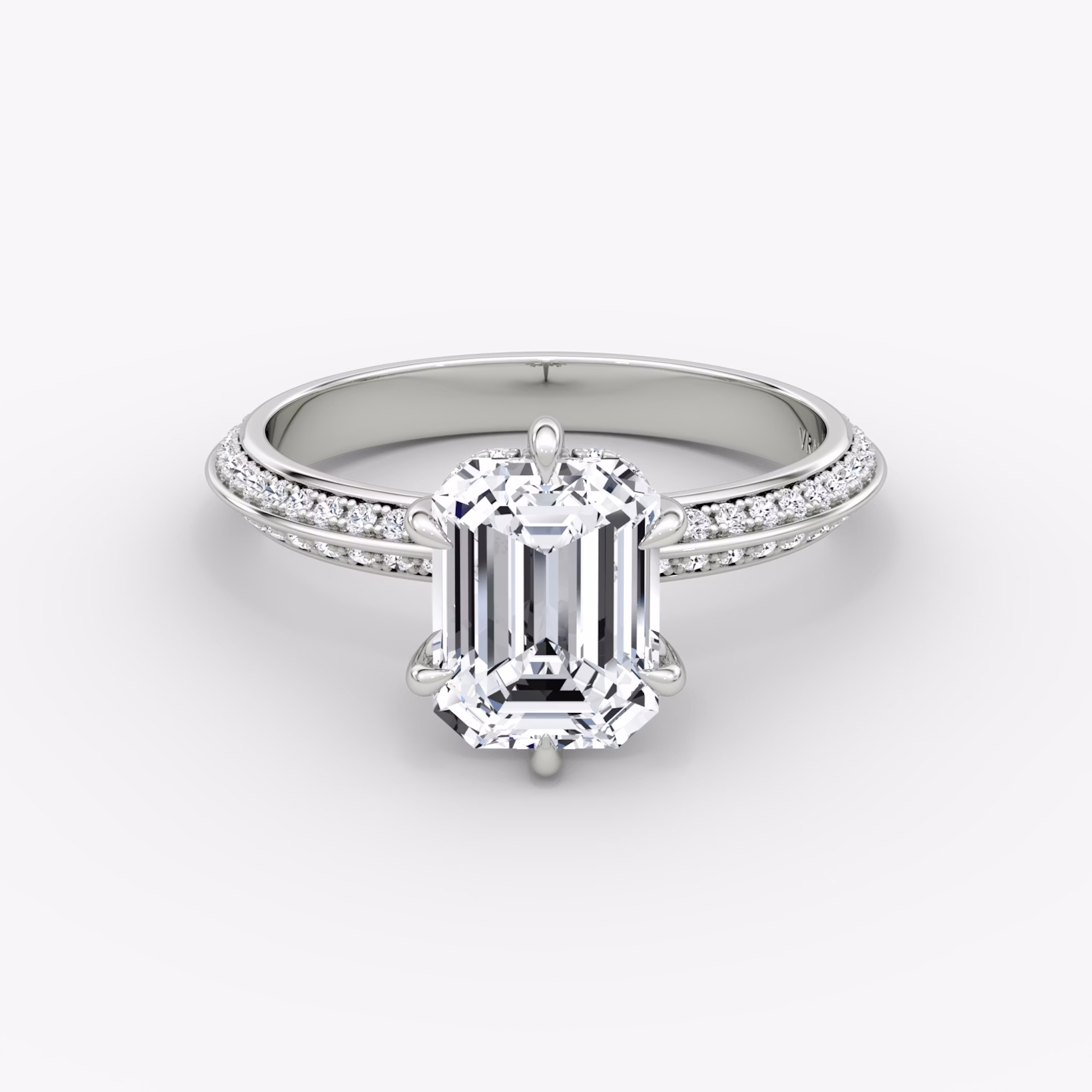 The Knife-Edge | Emerald | 18k | White Gold | bandAccent: Pavé | hiddenHalo: yes | diamondOrientation: vertical | caratWeight: other