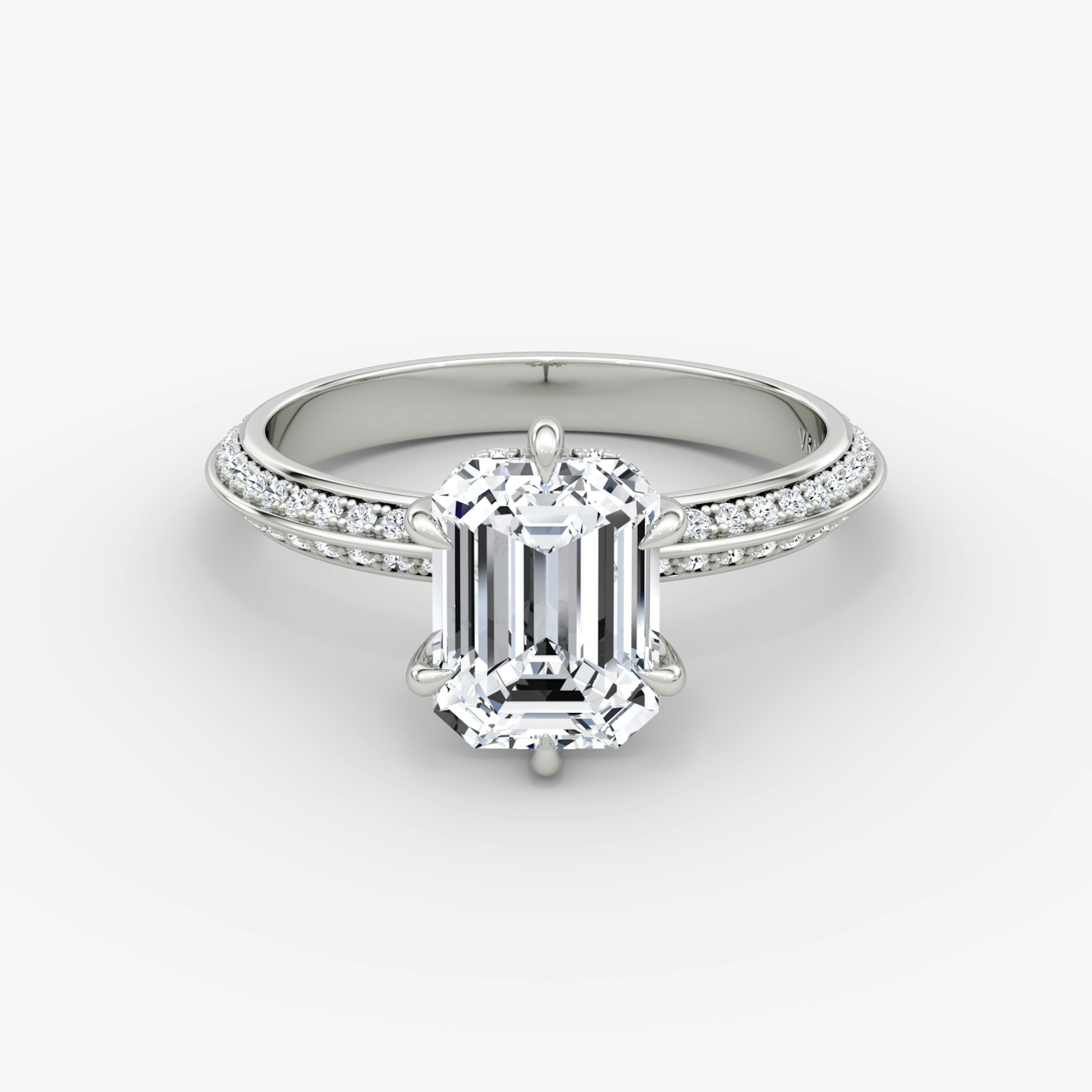 The Knife-Edge | Emerald | 18k | White Gold | bandAccent: Pavé | hiddenHalo: yes | diamondOrientation: vertical | caratWeight: other