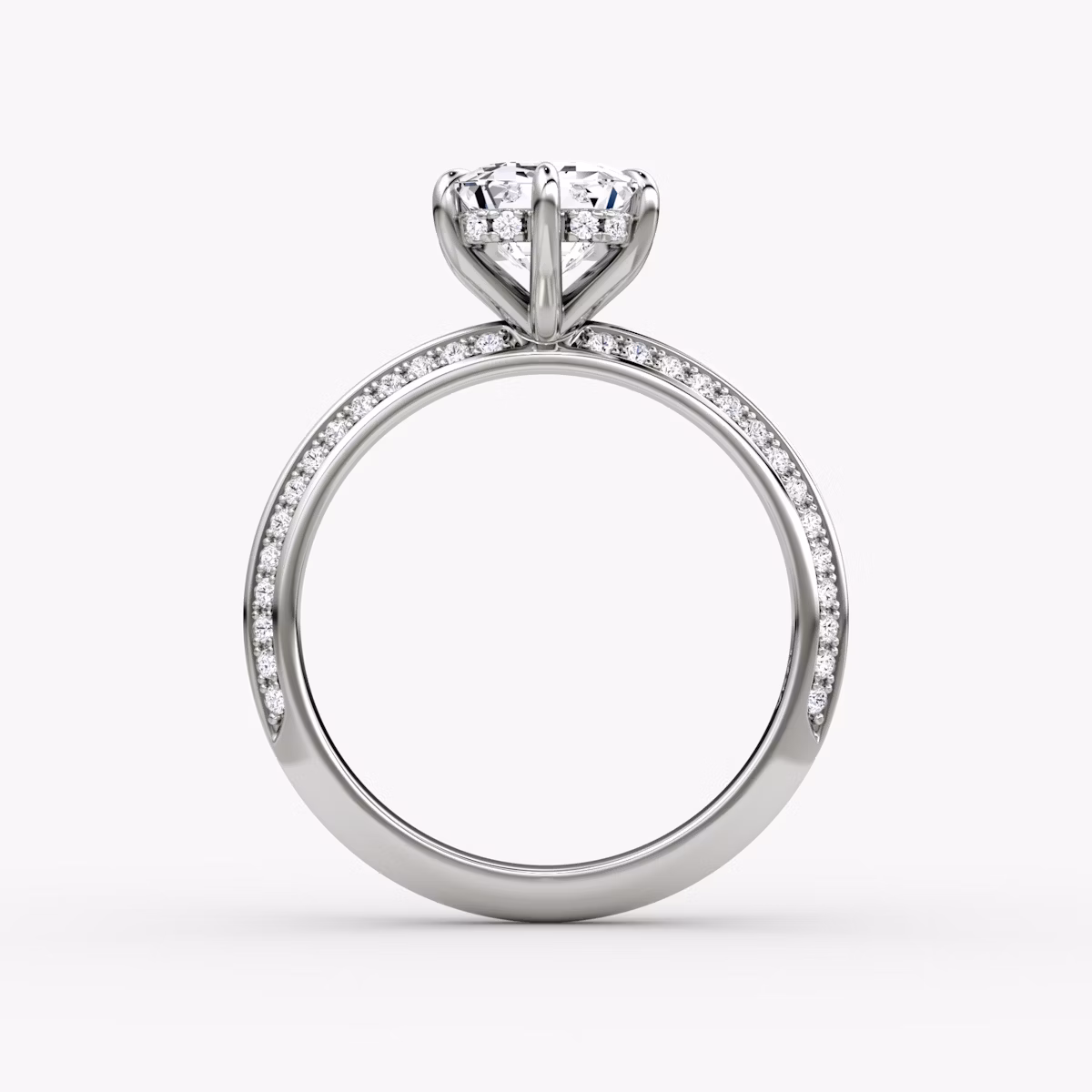 The Knife-Edge | Emerald | 18k | White Gold | bandAccent: Pavé | hiddenHalo: yes | diamondOrientation: vertical | caratWeight: other