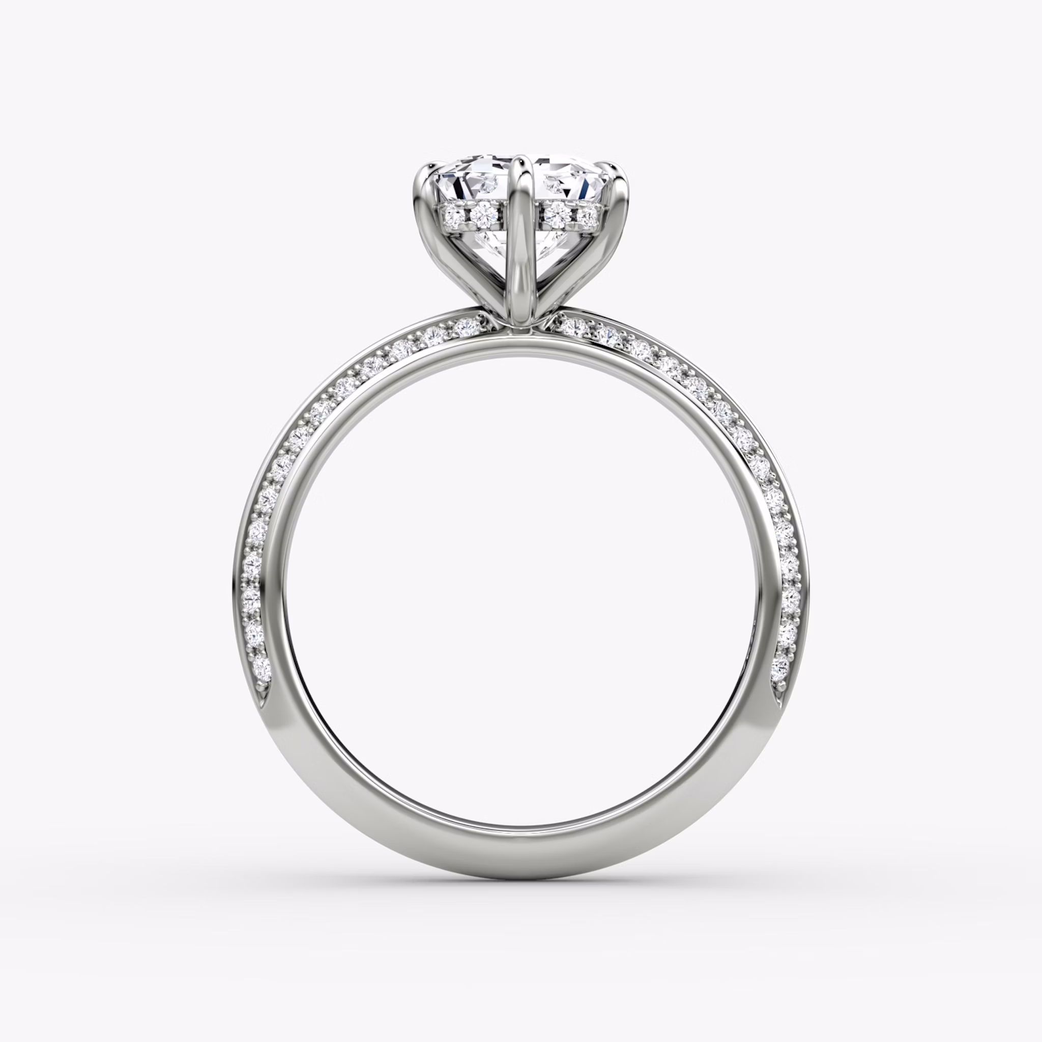 The Knife-Edge | Emerald | 18k | White Gold | bandAccent: Pavé | hiddenHalo: yes | diamondOrientation: vertical | caratWeight: other