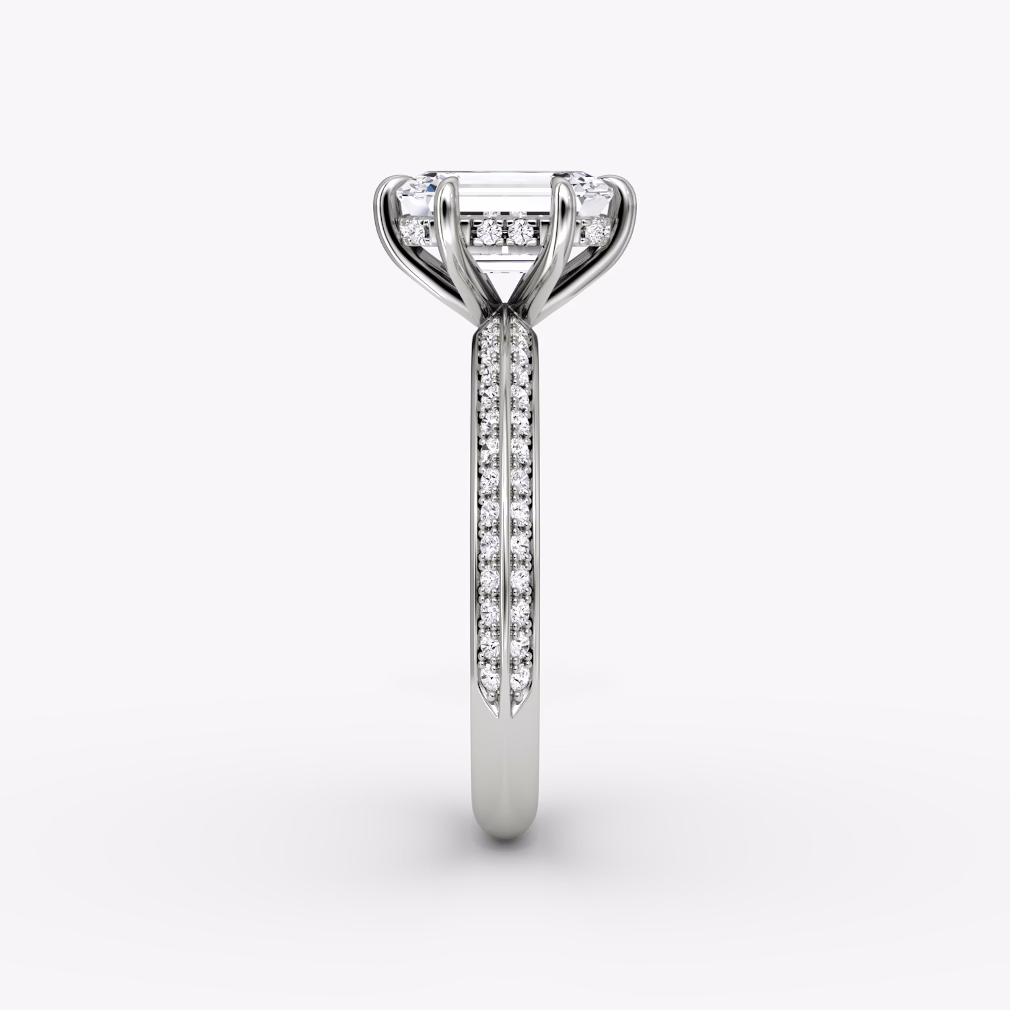 The Knife-Edge | Emerald | 18k | White Gold | bandAccent: Pavé | hiddenHalo: yes | diamondOrientation: vertical | caratWeight: other