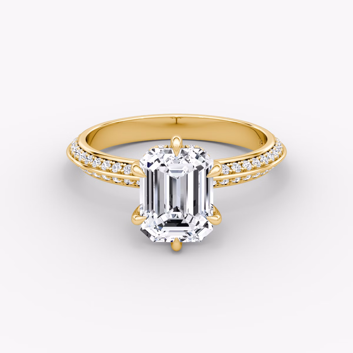 Knife-Edge | Emerald | 18k | Gelbgold | bandAccent: Mit Pavé-Besatz | hiddenHalo: yes | diamondOrientation: vertical | caratWeight: other