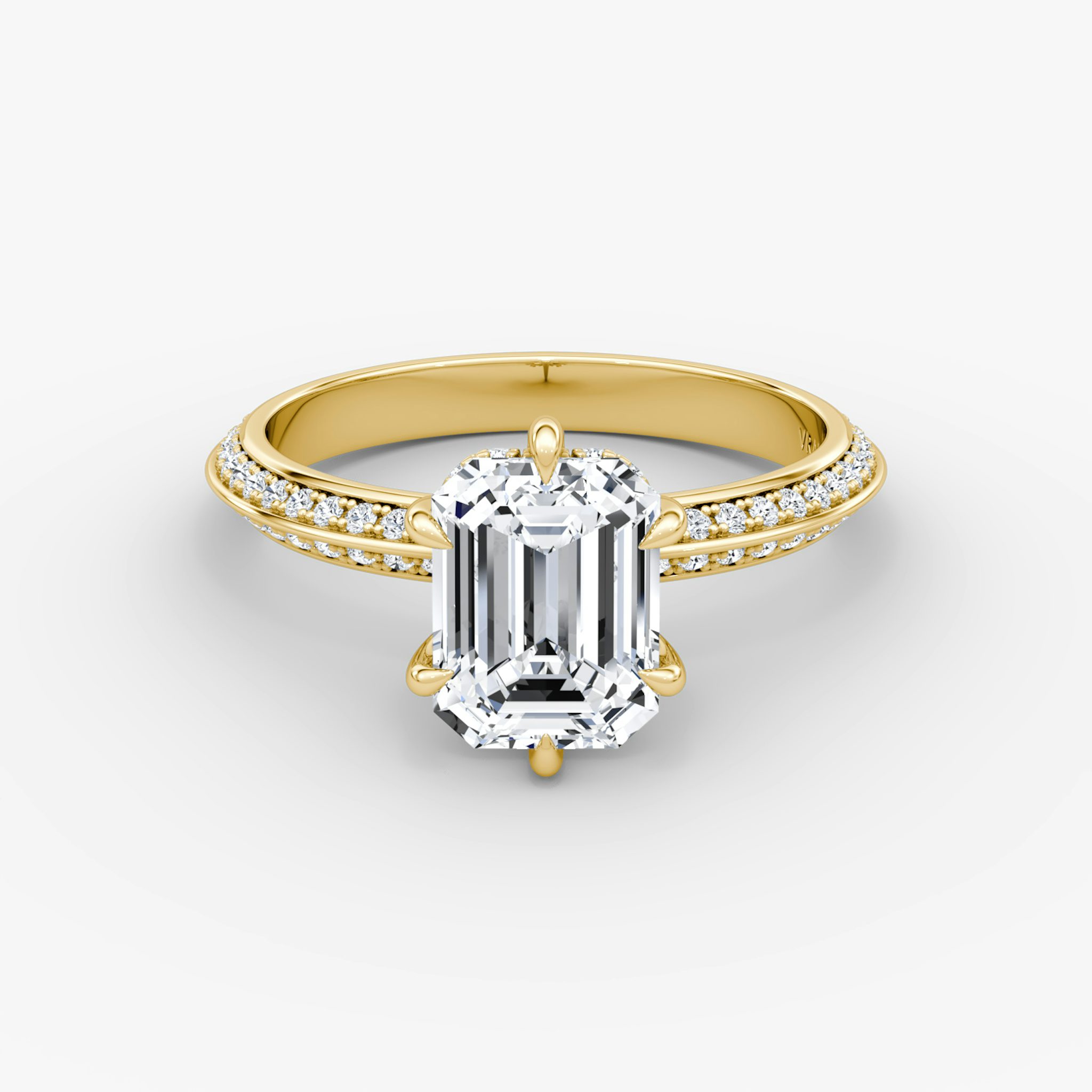 The Knife-Edge | Emerald | 18k | Yellow Gold | bandAccent: Pavé | hiddenHalo: yes | diamondOrientation: vertical | caratWeight: other