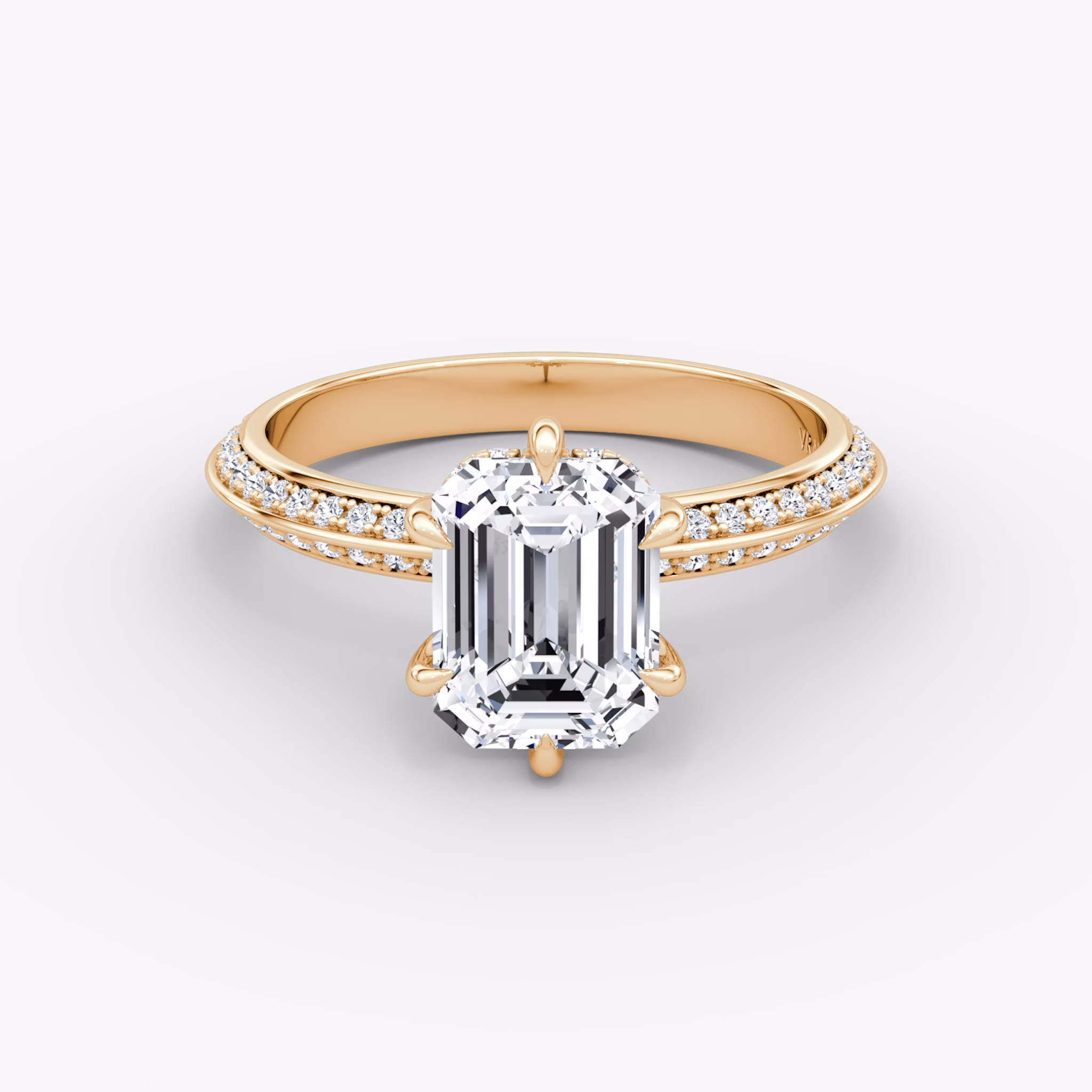 The Knife-Edge | Emerald | 14k | Rose Gold | bandAccent: Pavé | hiddenHalo: yes | diamondOrientation: vertical | caratWeight: other